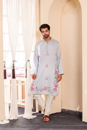 Frosted Whisper Kurta (Handpainted Pastel Blue Grey Kurta)
