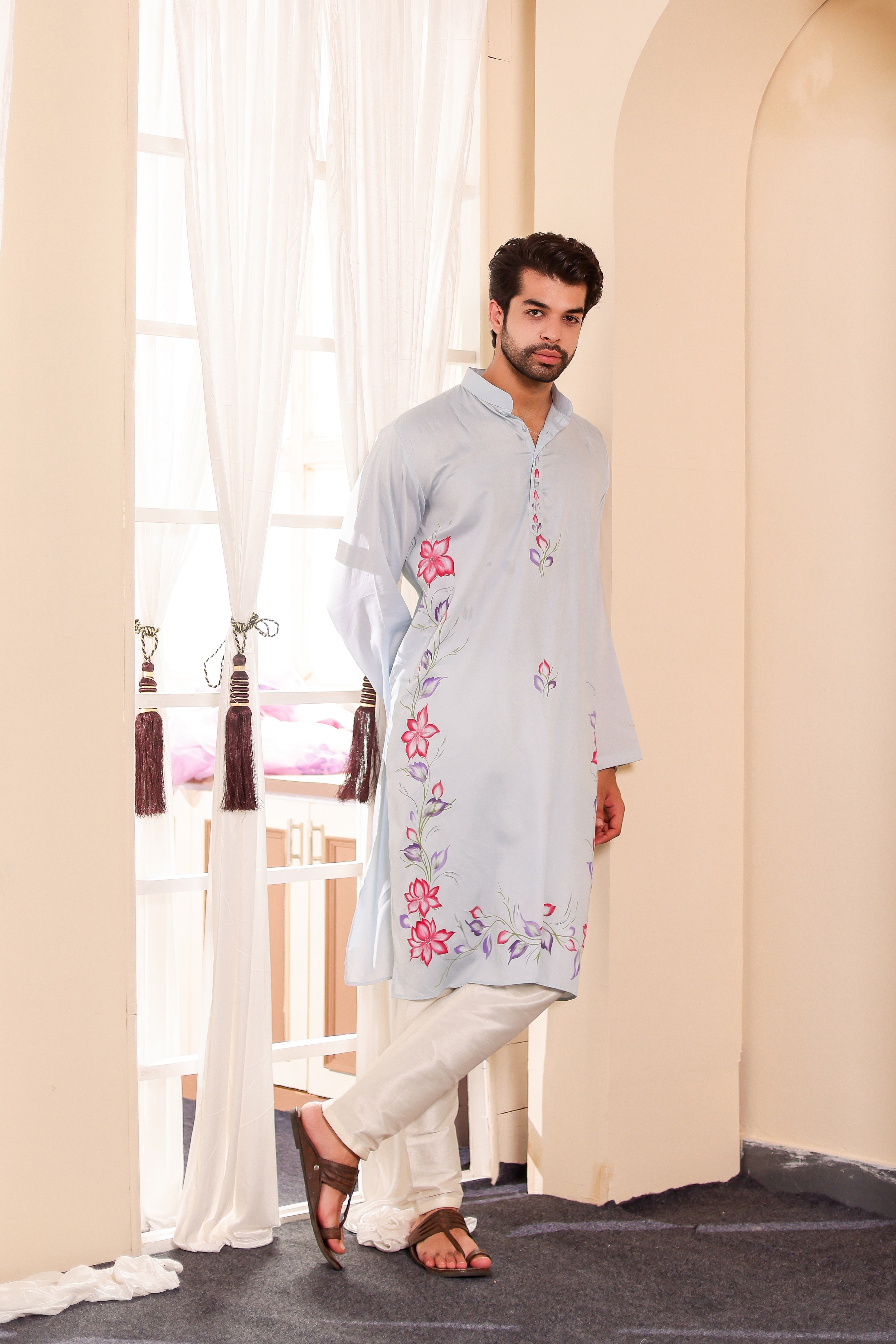 Frosted Whisper Kurta (Handpainted Pastel Blue Grey Kurta)