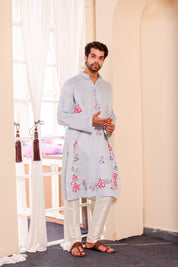 Frosted Whisper Kurta (Handpainted Pastel Blue Grey Kurta)