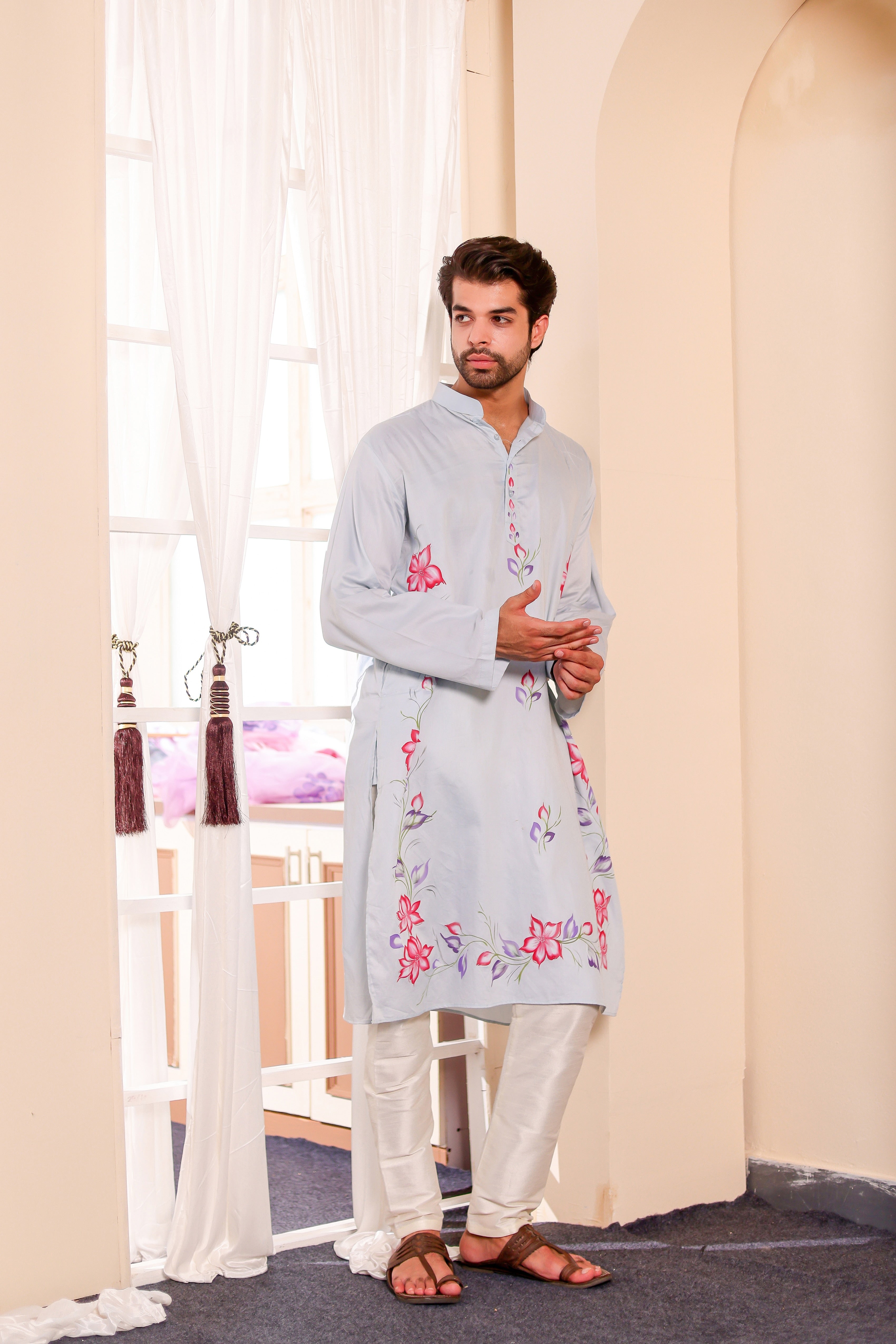 Frosted Whisper Kurta (Handpainted Pastel Blue Grey Kurta)