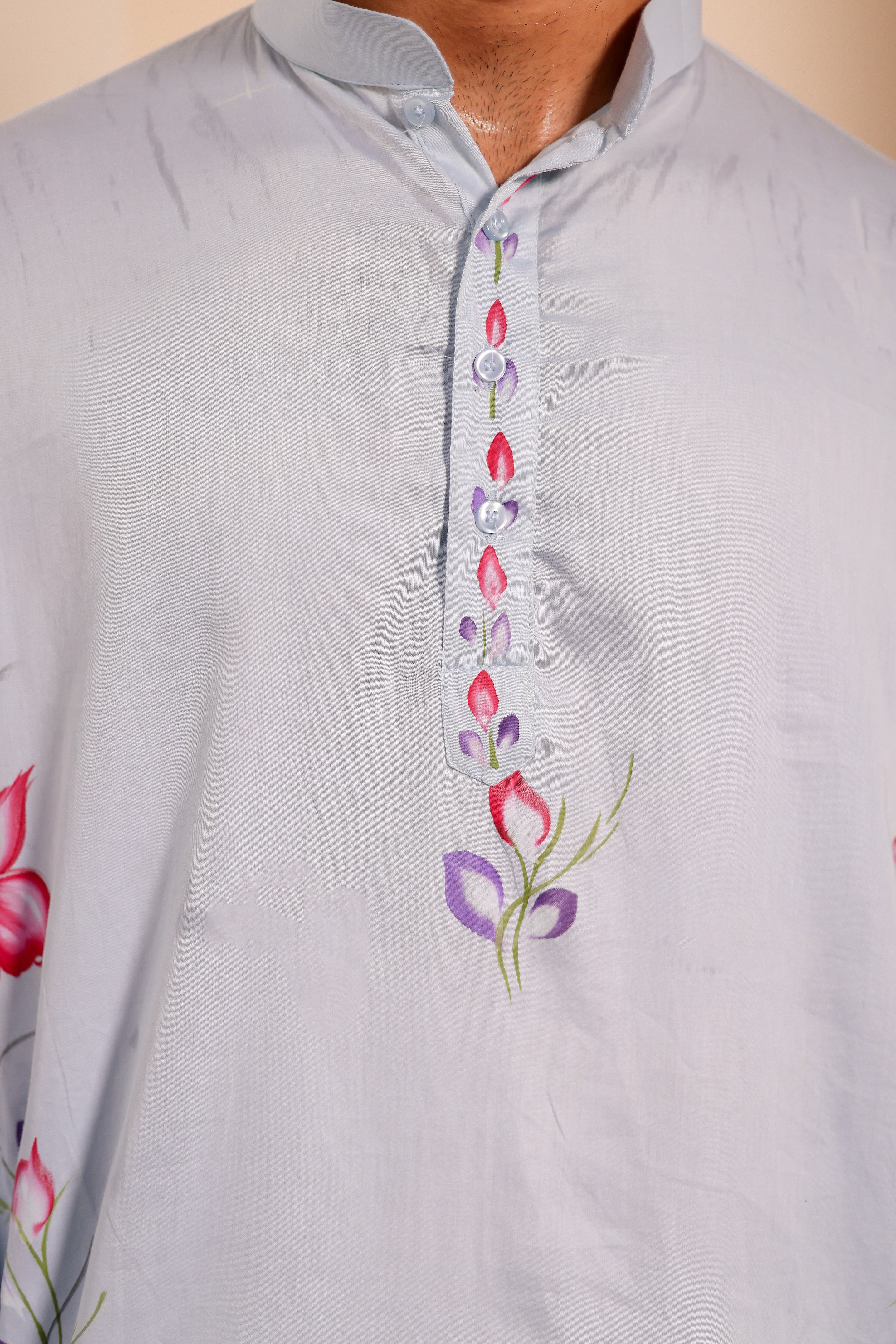 Frosted Whisper Kurta (Handpainted Pastel Blue Grey Kurta)