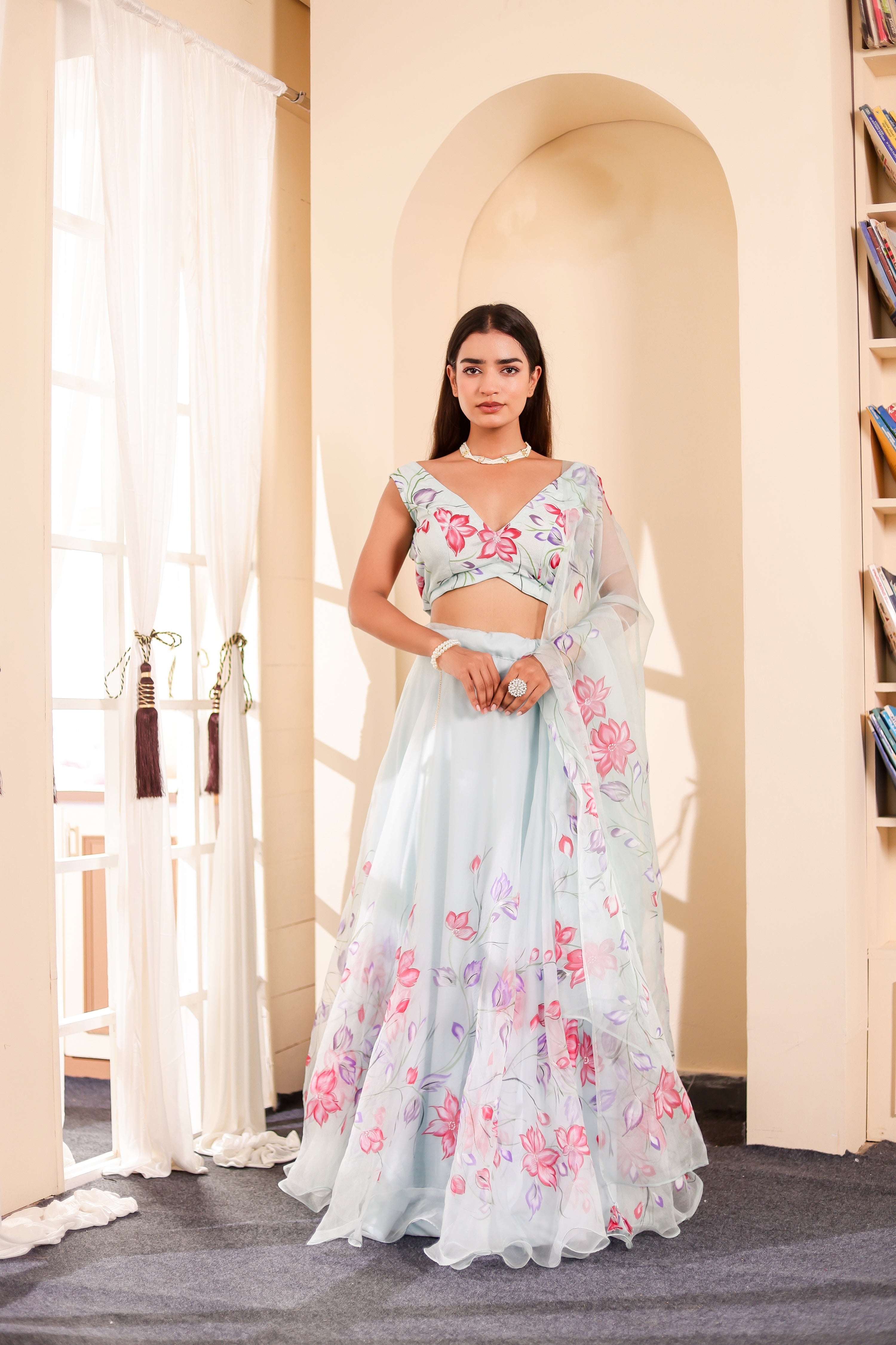 Raag Hansdhwani (Handpainted Blue Pure Organza Lehenga)