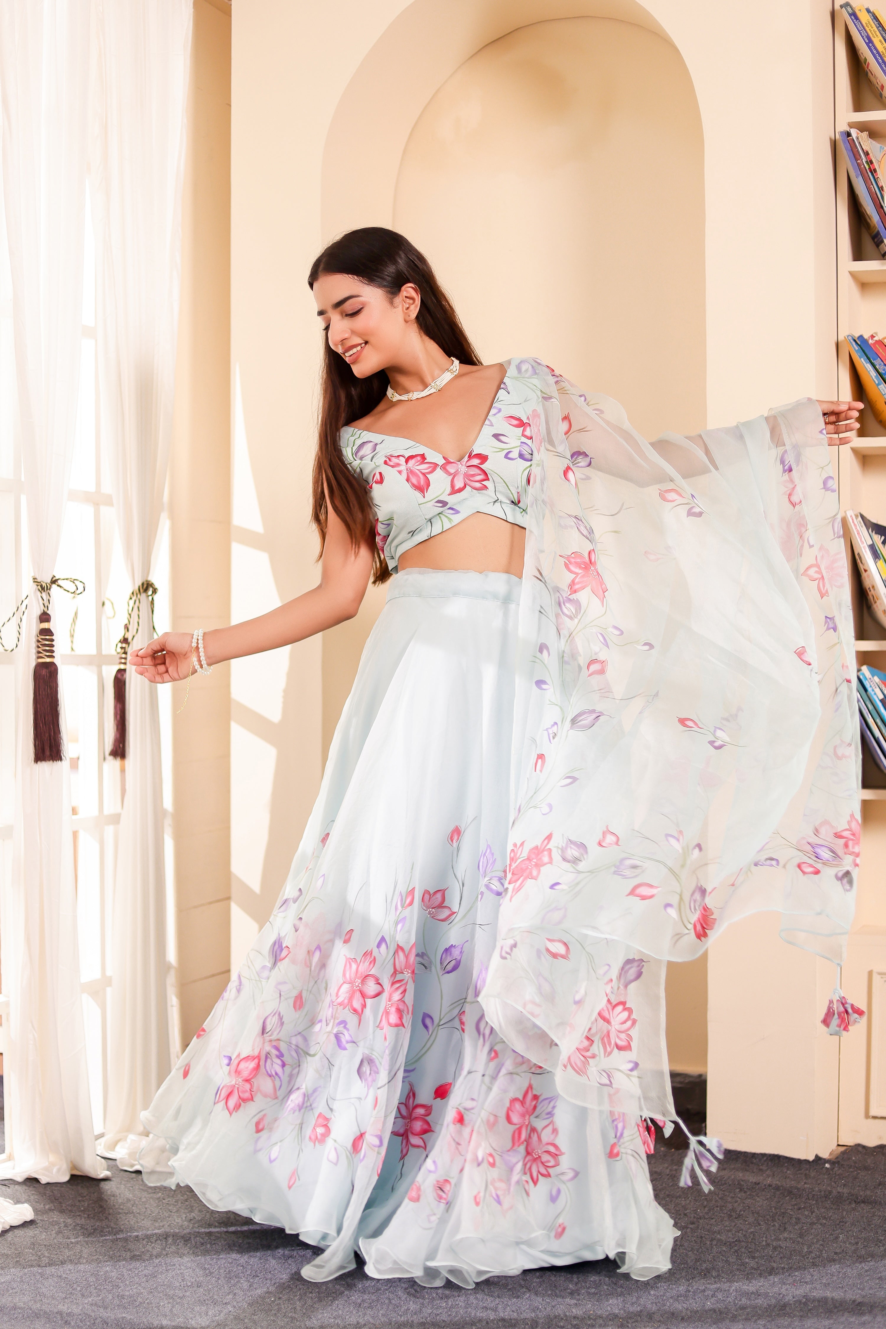 Raag Hansdhwani (Handpainted Blue Pure Organza Lehenga)