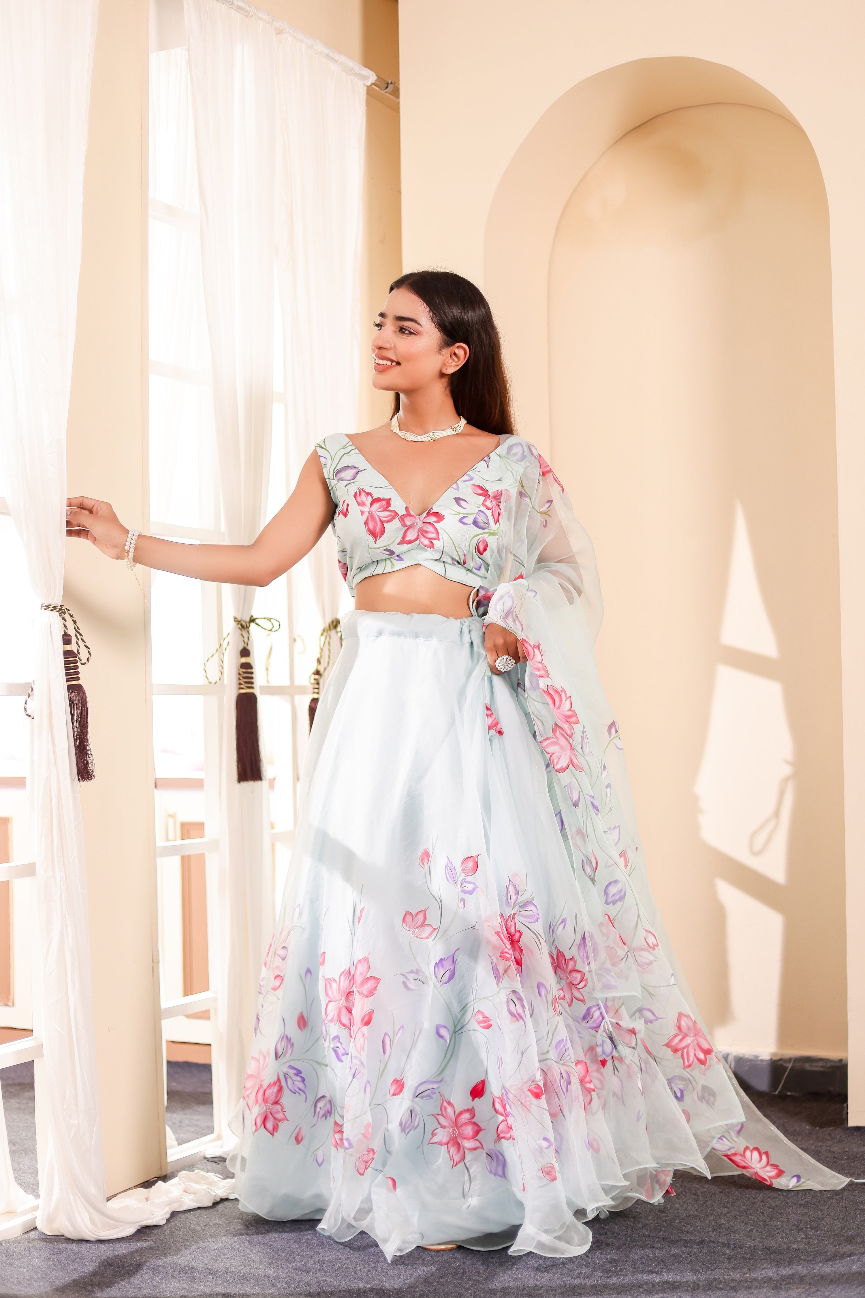 Raag Hansdhwani (Handpainted Blue Pure Organza Lehenga)
