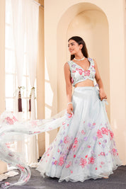 Raag Hansdhwani (Handpainted Blue Pure Organza Lehenga)