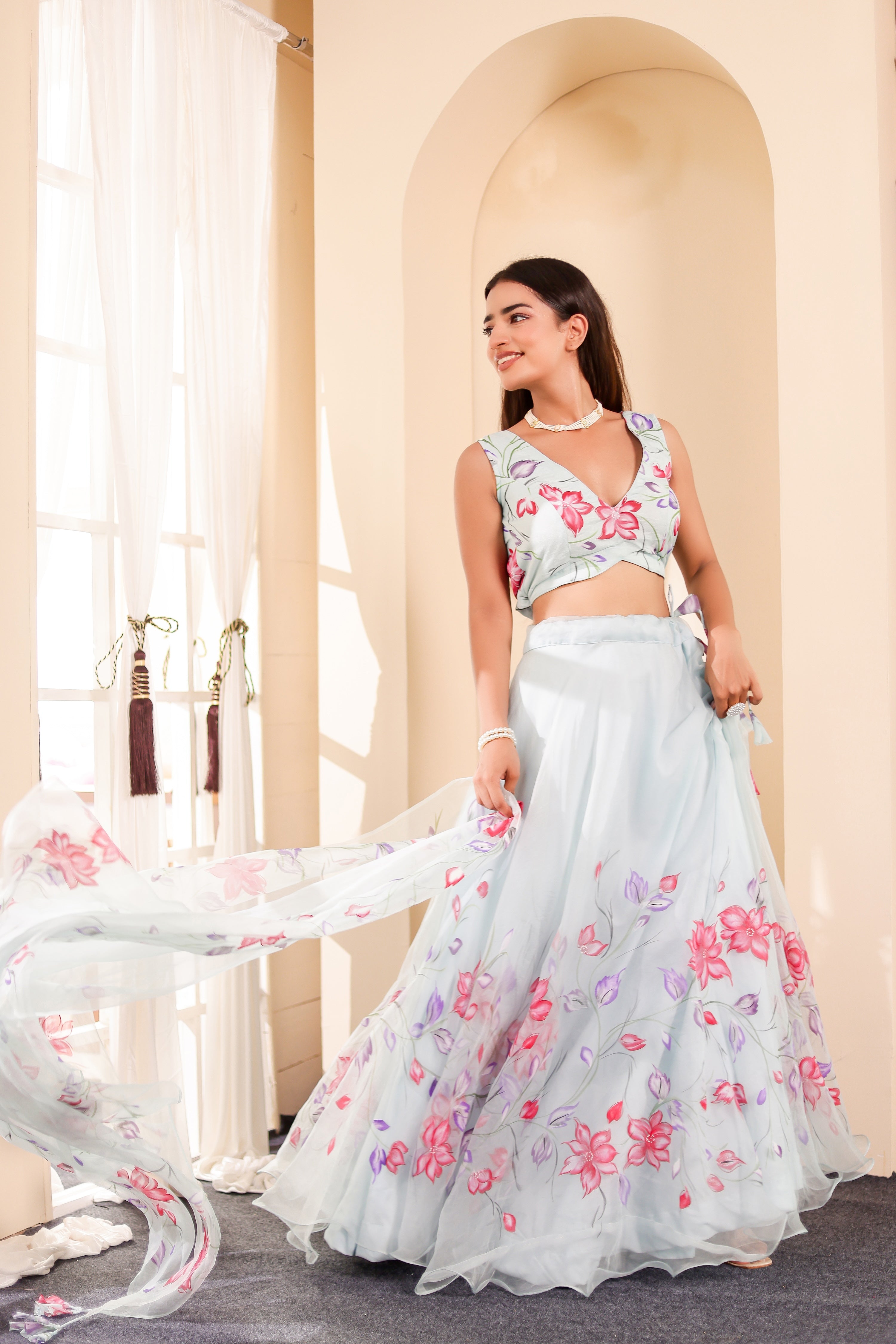 Raag Hansdhwani (Handpainted Blue Pure Organza Lehenga)