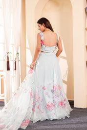 Raag Hansdhwani (Handpainted Blue Pure Organza Lehenga)