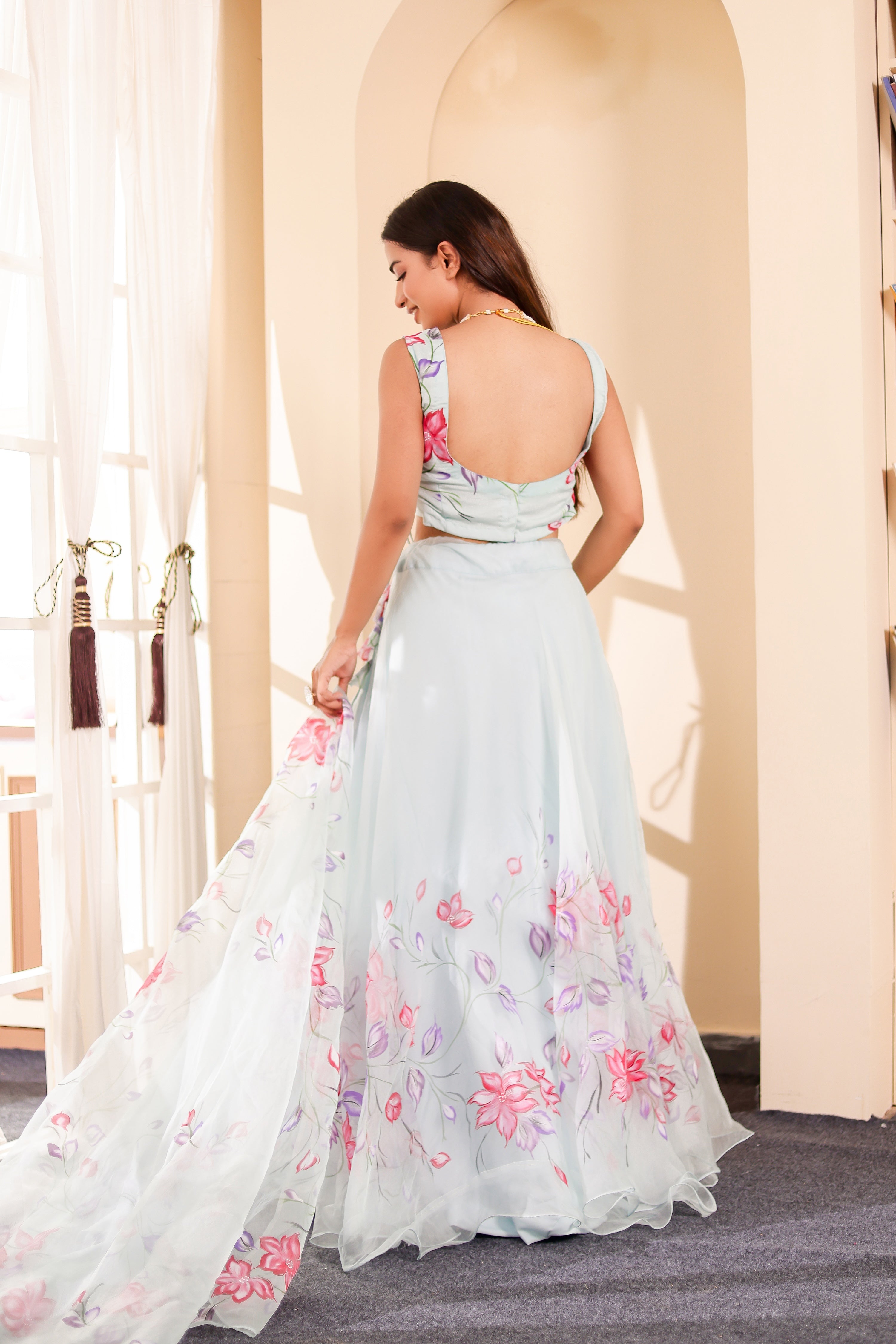 Raag Hansdhwani (Handpainted Blue Pure Organza Lehenga)