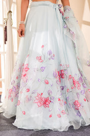 Raag Hansdhwani (Handpainted Blue Pure Organza Lehenga)