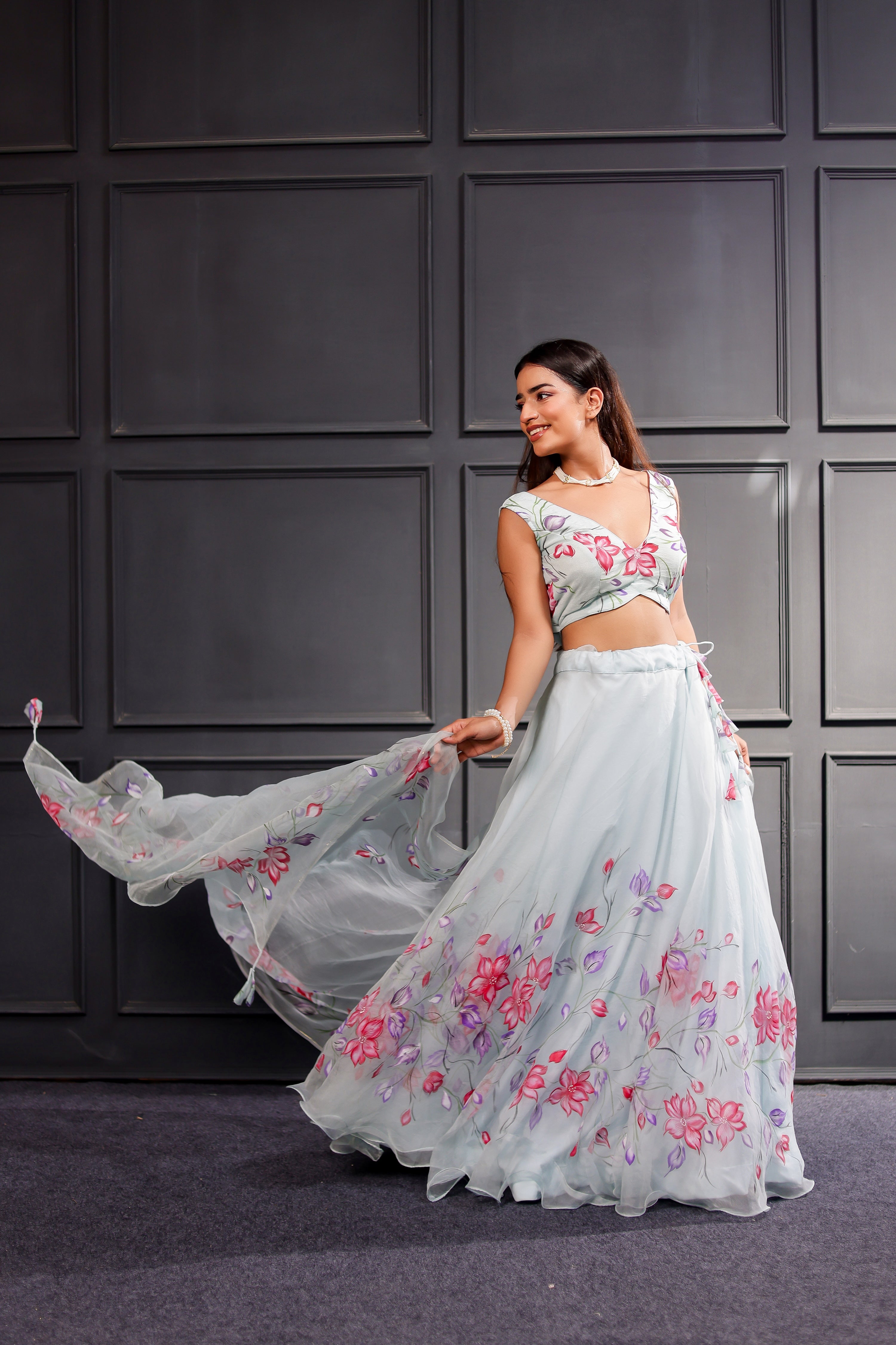 Raag Hansdhwani (Handpainted Blue Pure Organza Lehenga)