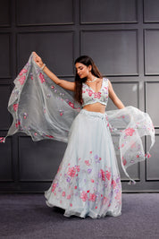 Raag Hansdhwani (Handpainted Blue Pure Organza Lehenga)