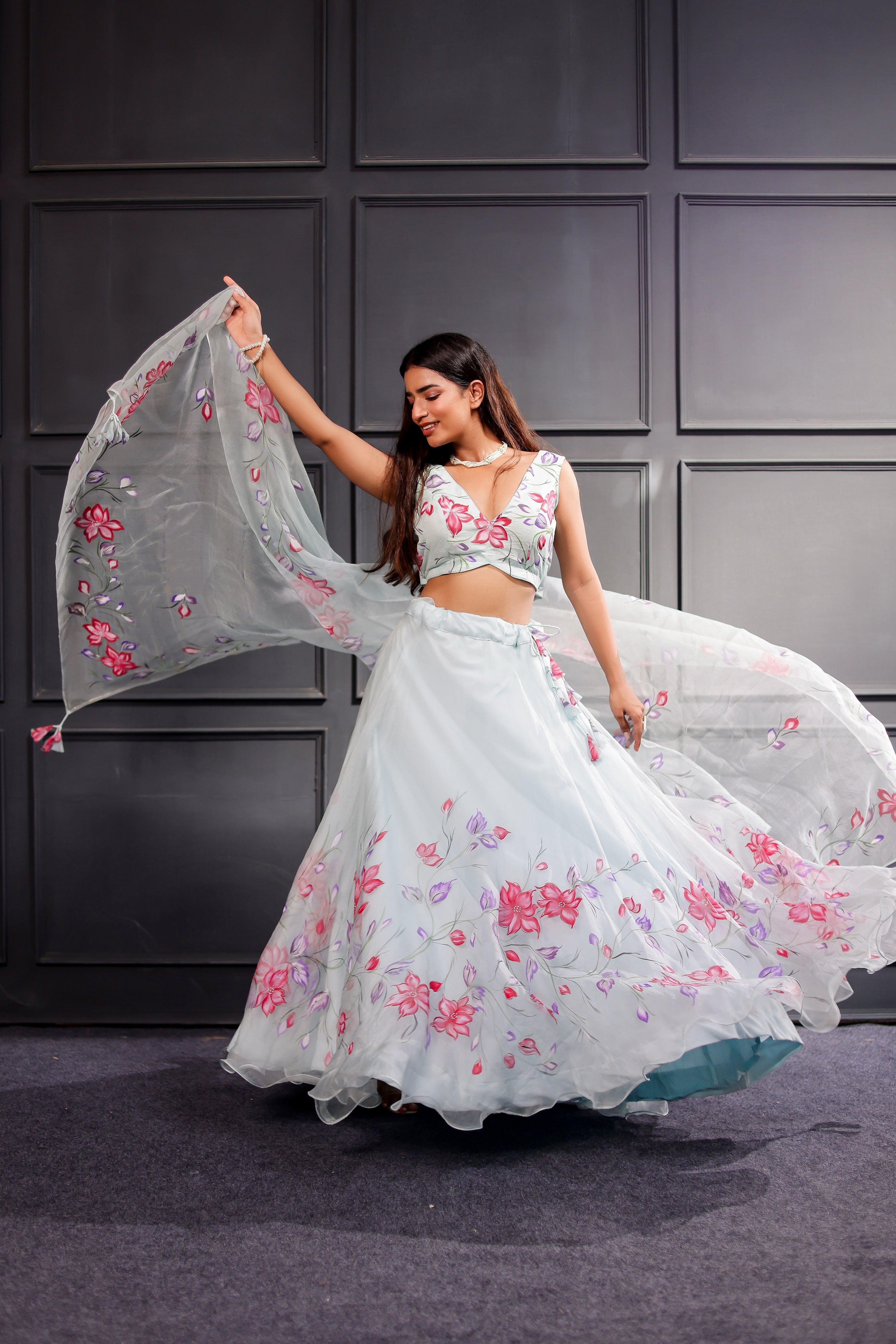 Raag Hansdhwani (Handpainted Blue Pure Organza Lehenga)
