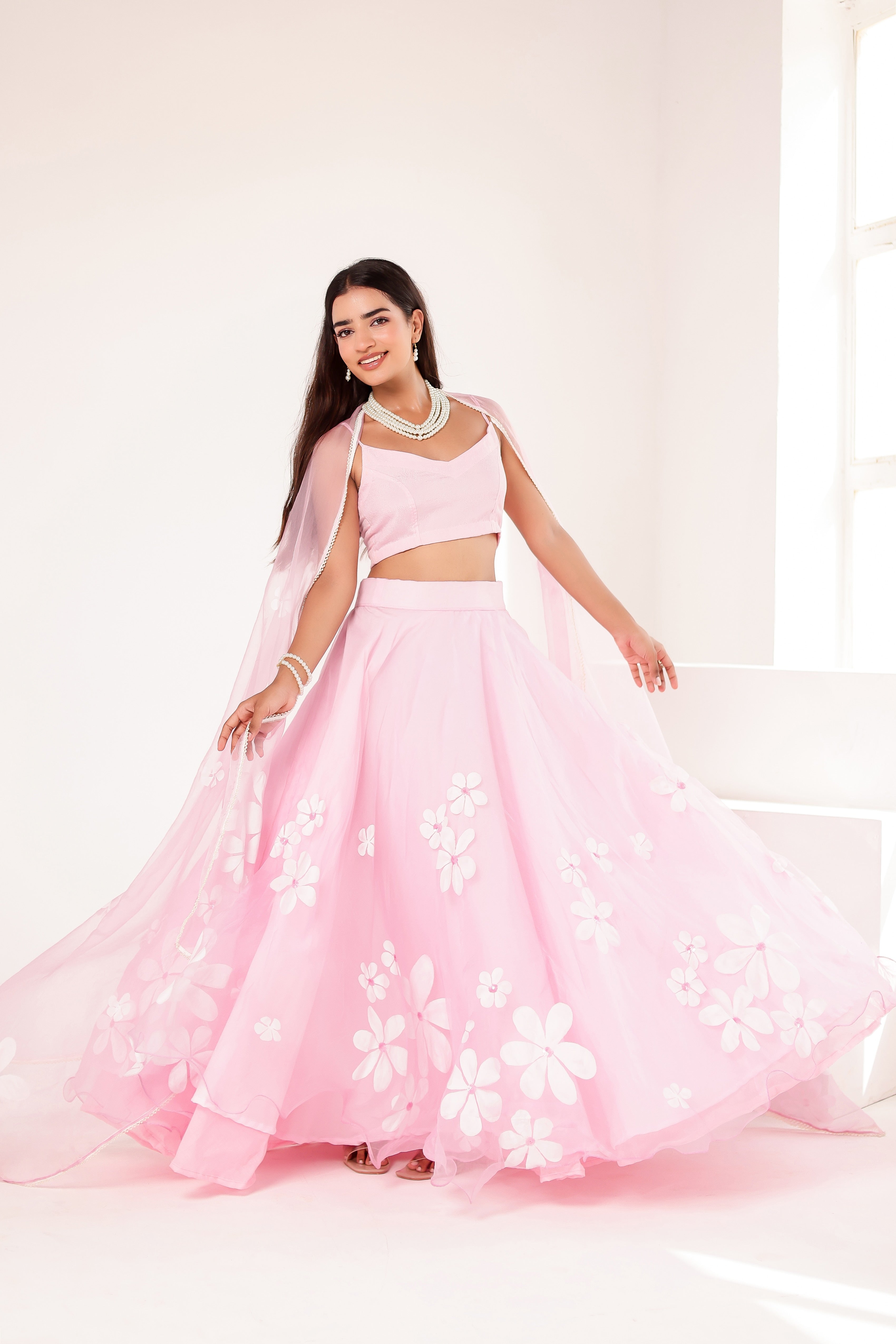 Raag Kedar (Handpainted Baby Pink Lehenga on Pure Organza)