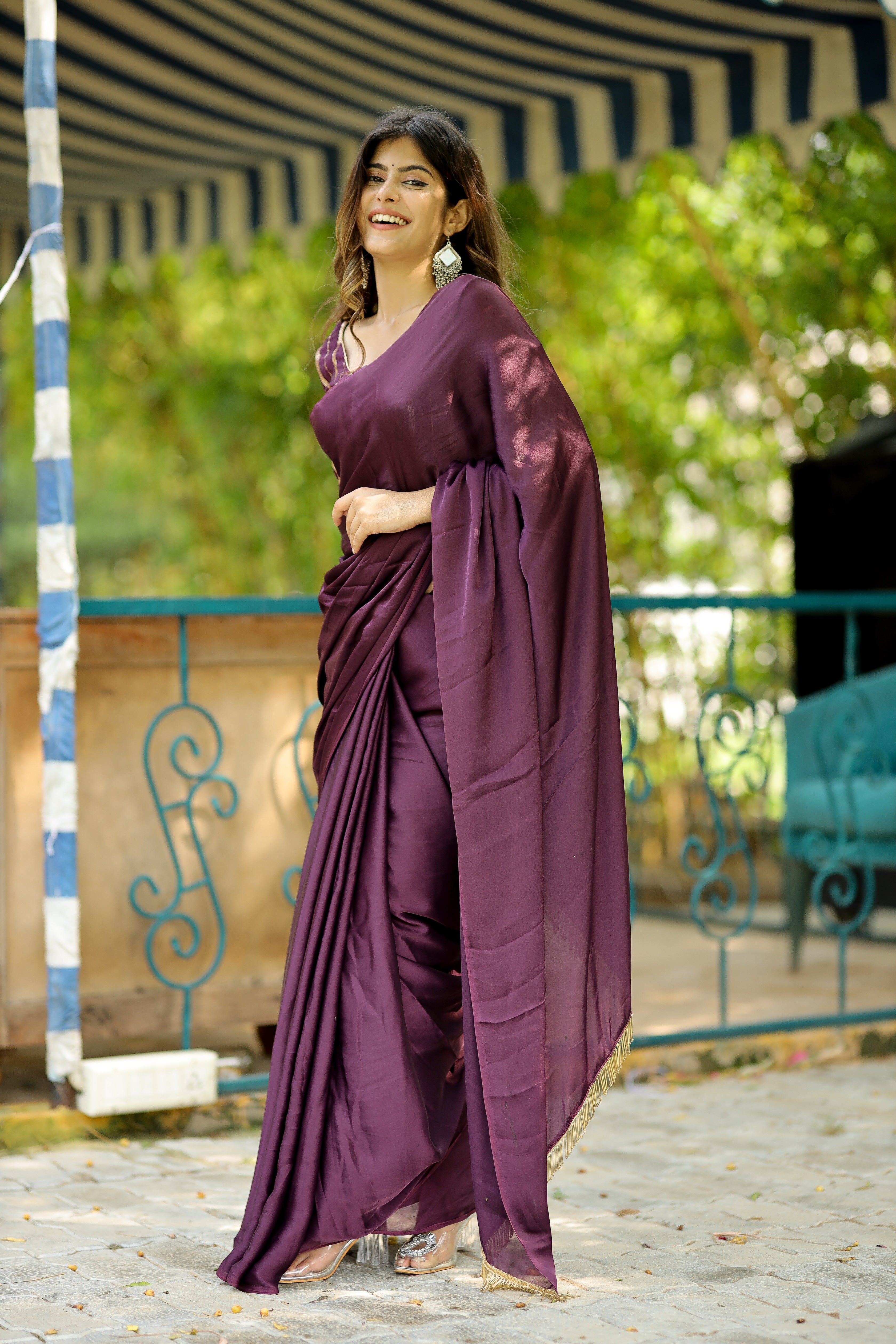 Solid Plain pure satin silk designer saree with Readymade Blouse