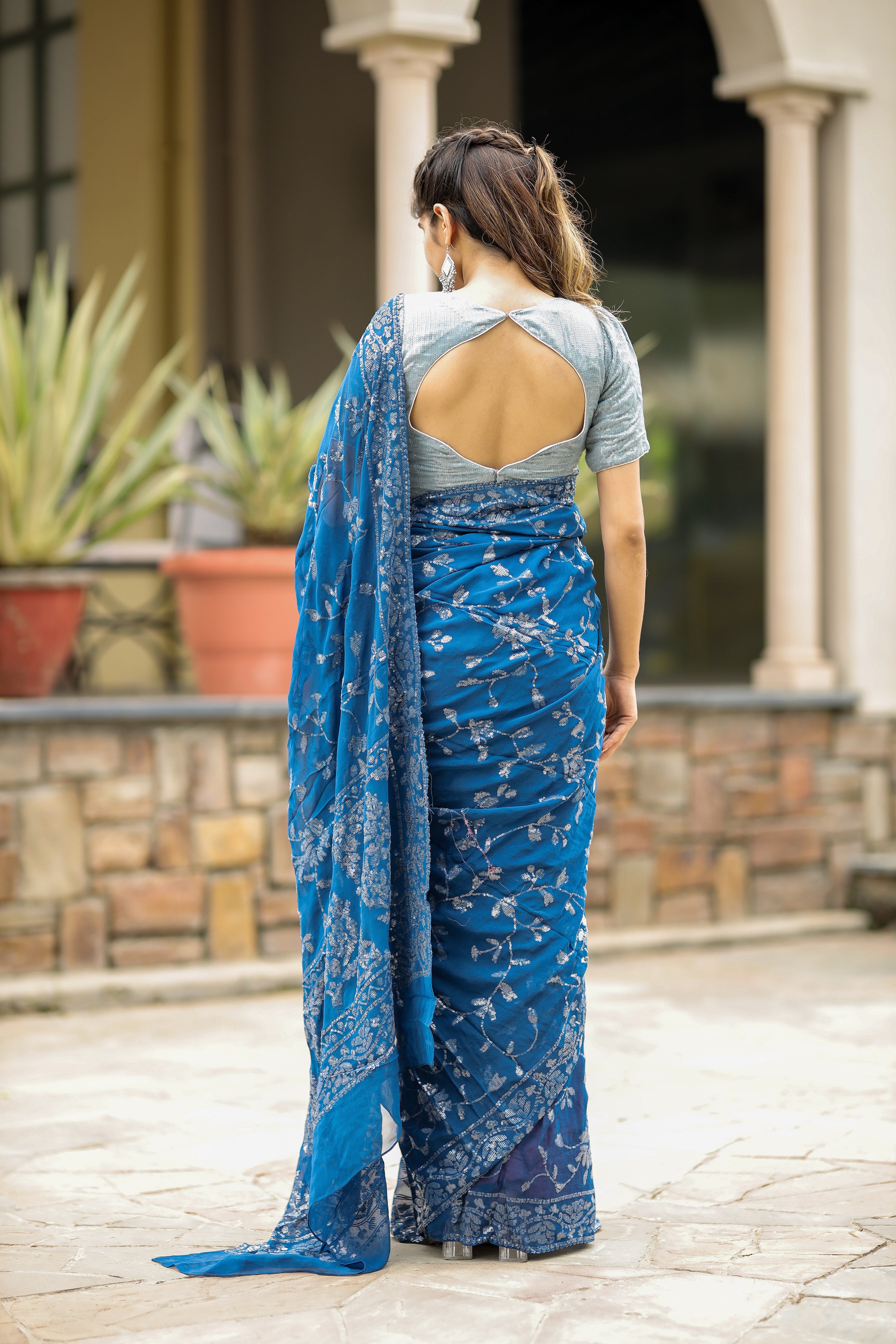 Indigo blue Linen Saree with Handwork on yoke - Products