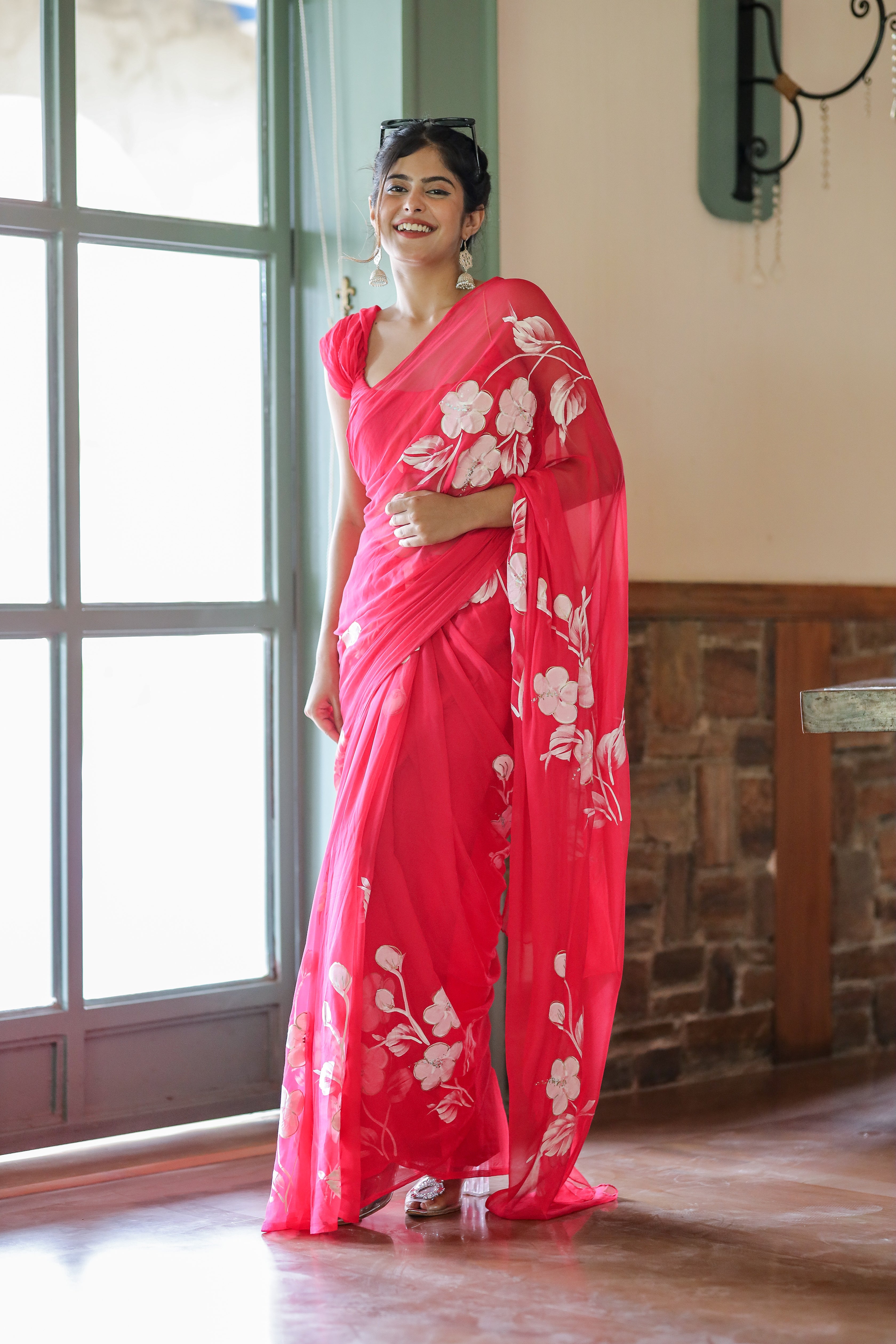 Rosy Blossom (Handpainted Chiffon Saree in Rani Pink)