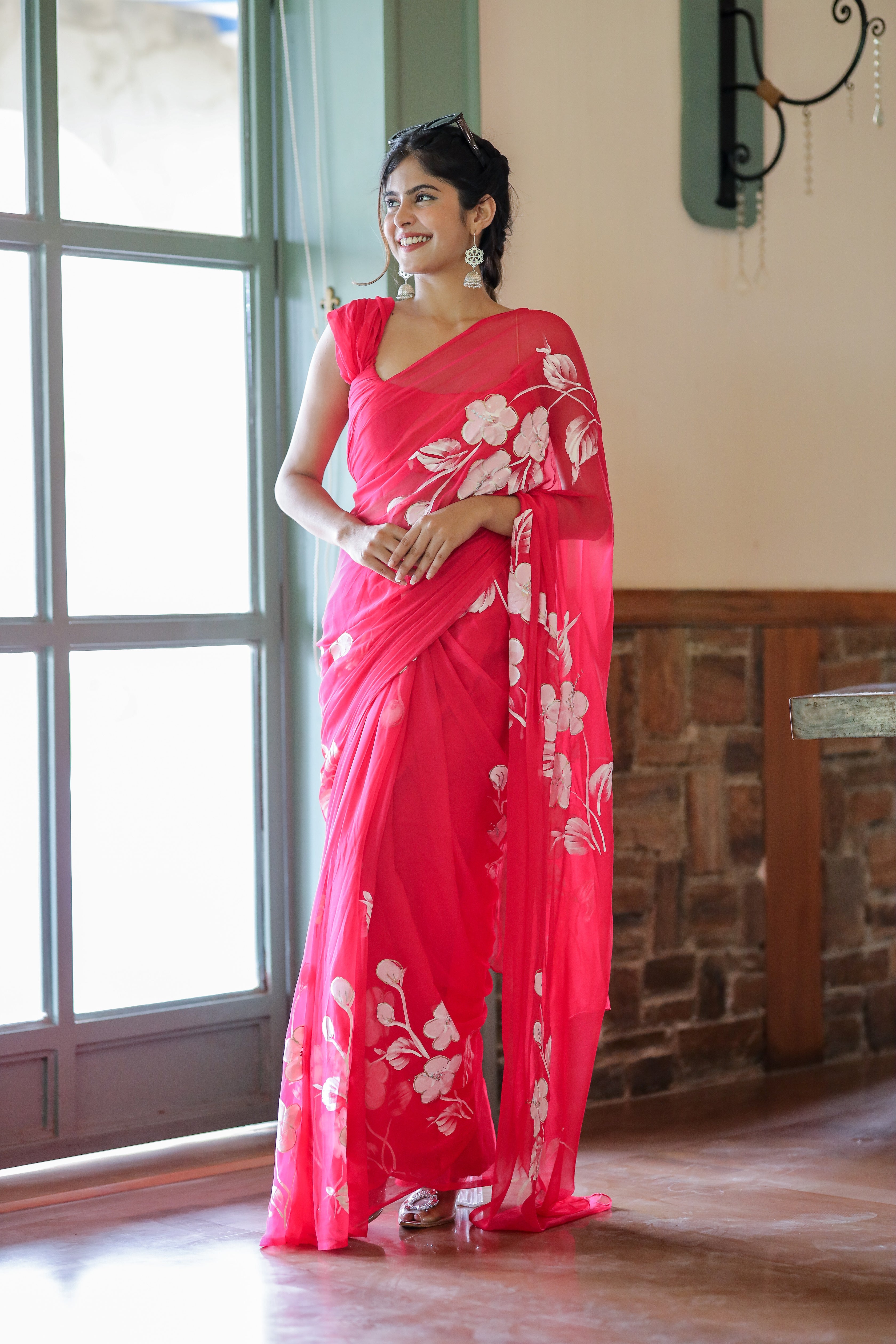 Rosy Blossom (Handpainted Chiffon Saree in Rani Pink)