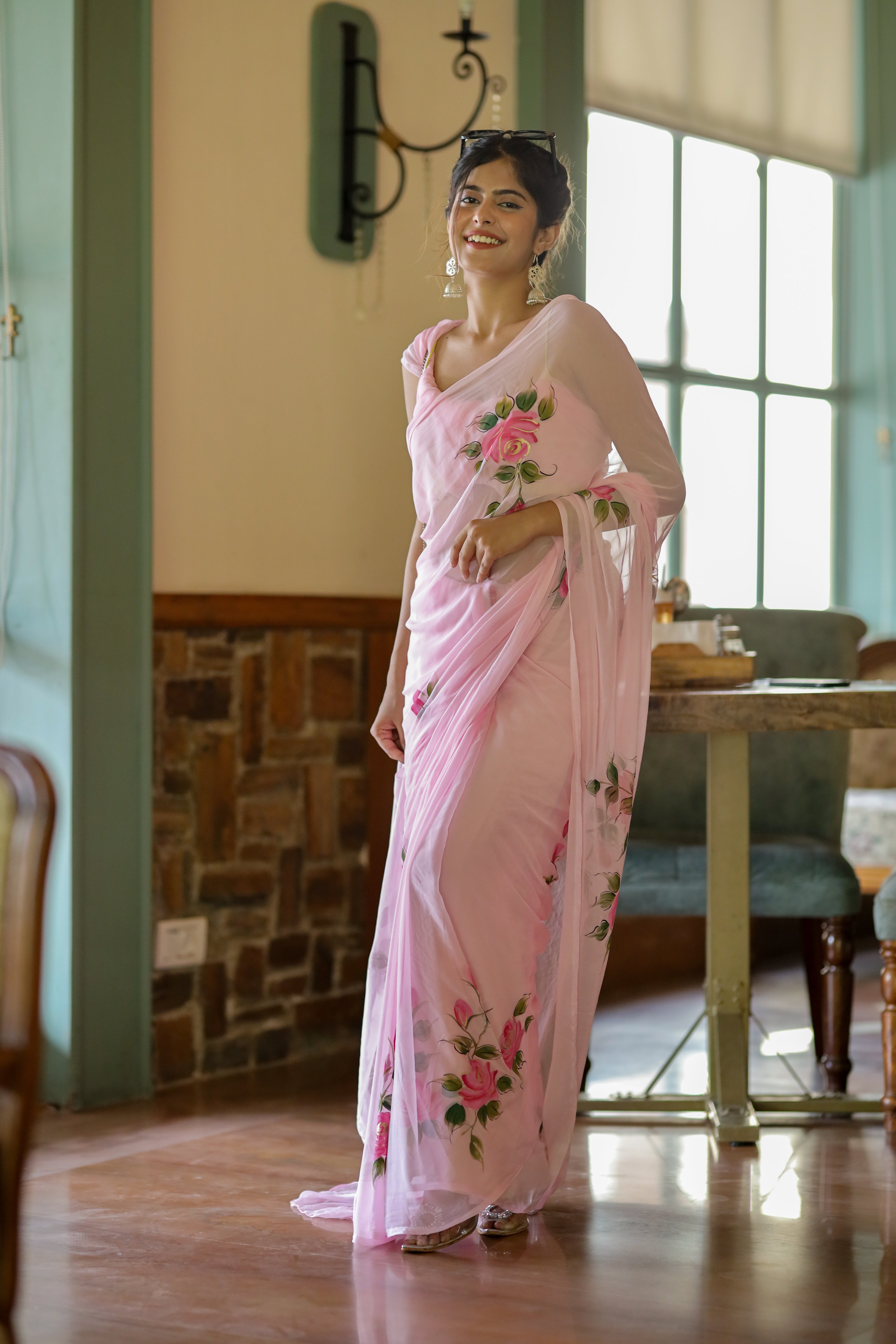Shop Geroo Jaipur Pink Chiffon Hand Painted Saree for Women Online 39608836