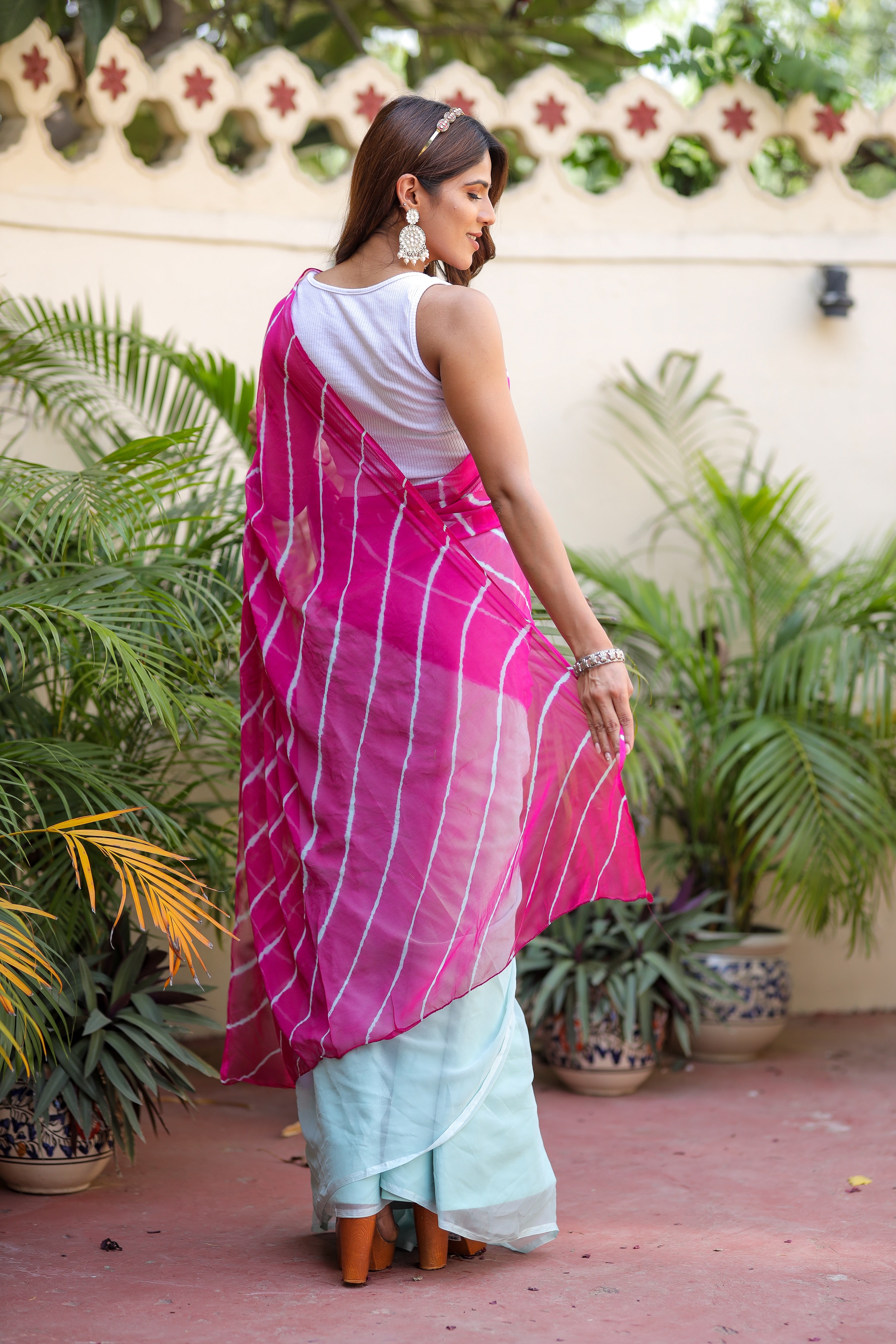 Tranquil Rose Sky (Lehriya Chiffon Saree in Soft Pink Blue)