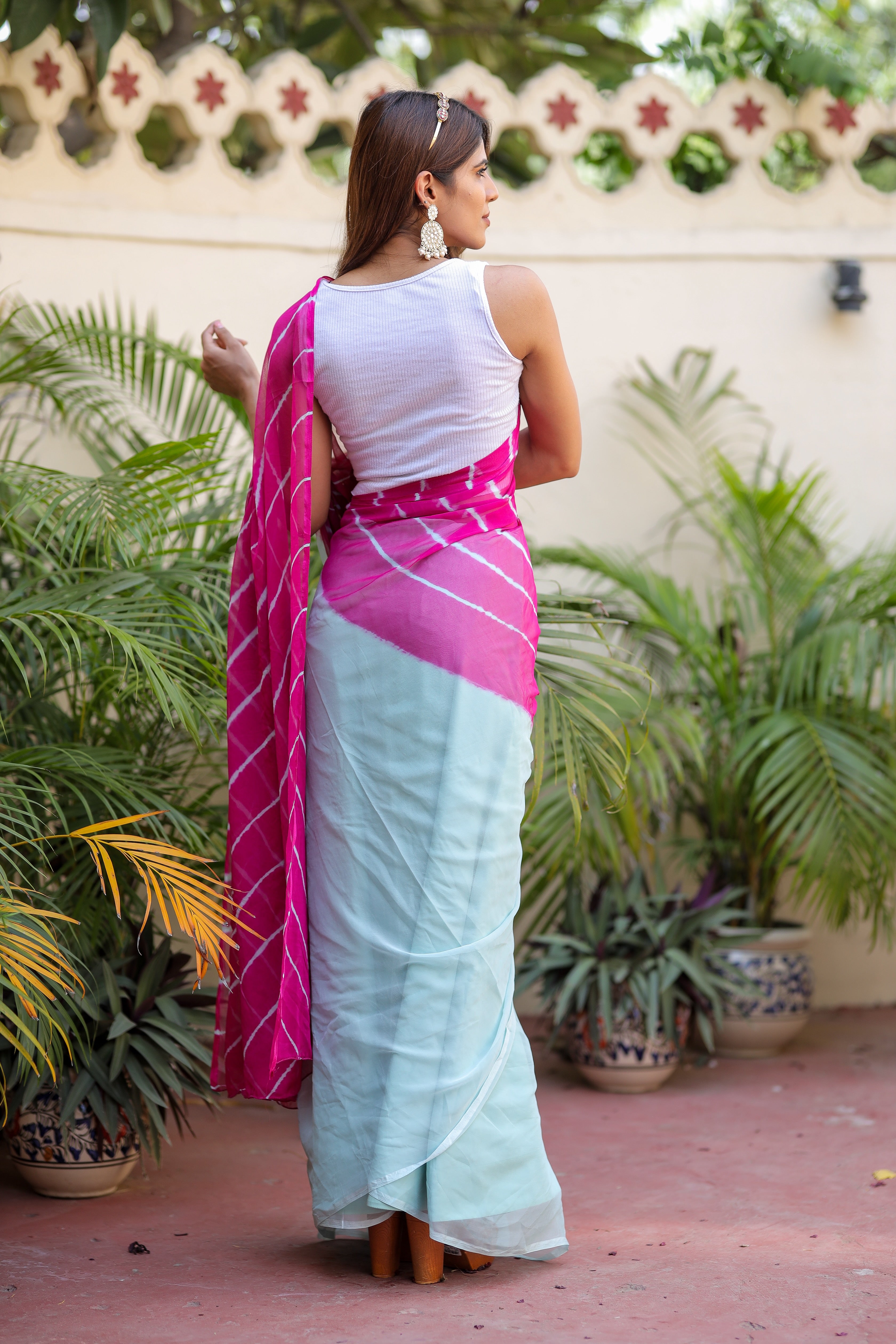 Tranquil Rose Sky (Lehriya Chiffon Saree in Soft Pink Blue)