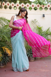 Tranquil Rose Sky (Lehriya Chiffon Saree in Soft Pink Blue)