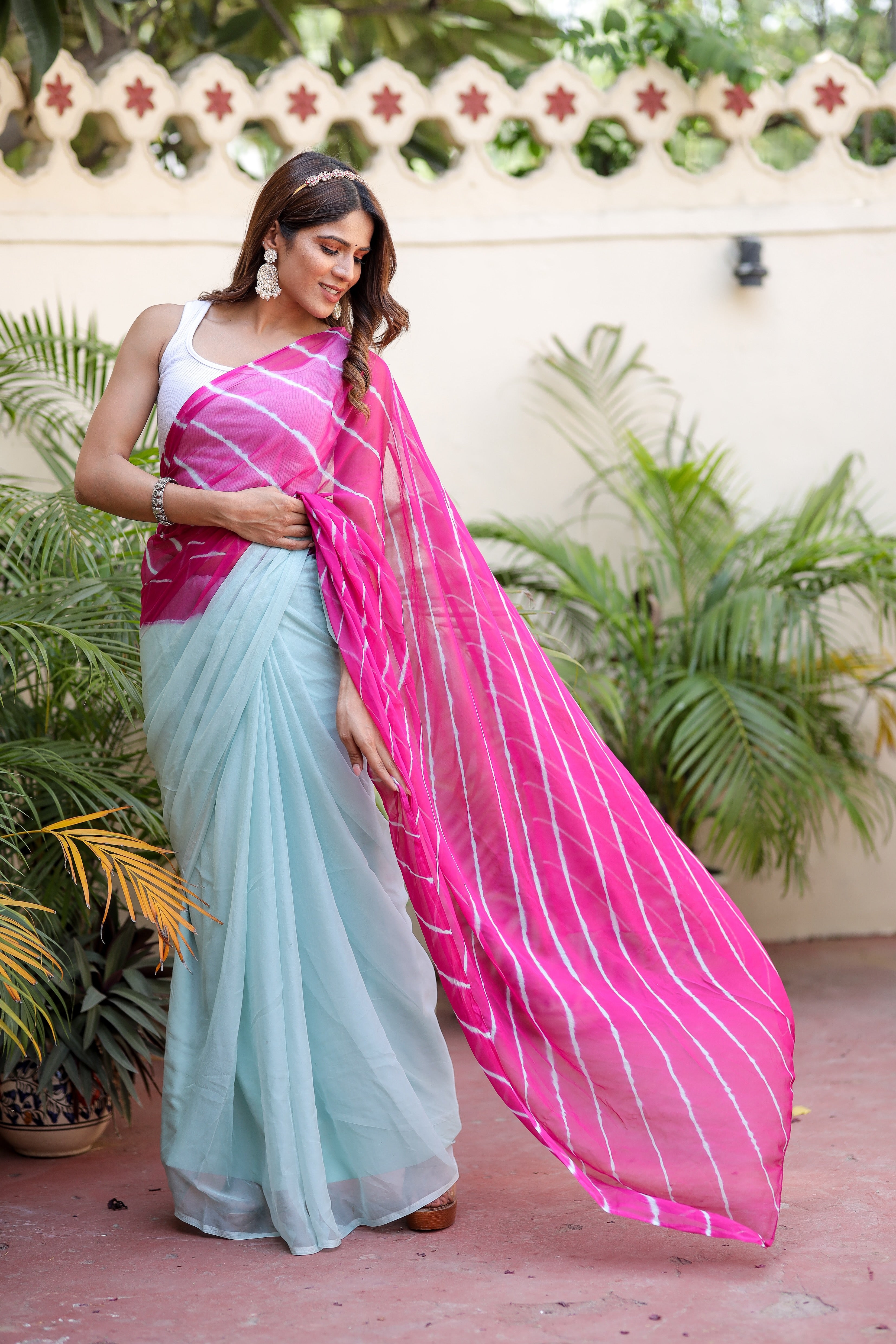 Tranquil Rose Sky (Lehriya Chiffon Saree in Soft Pink Blue)