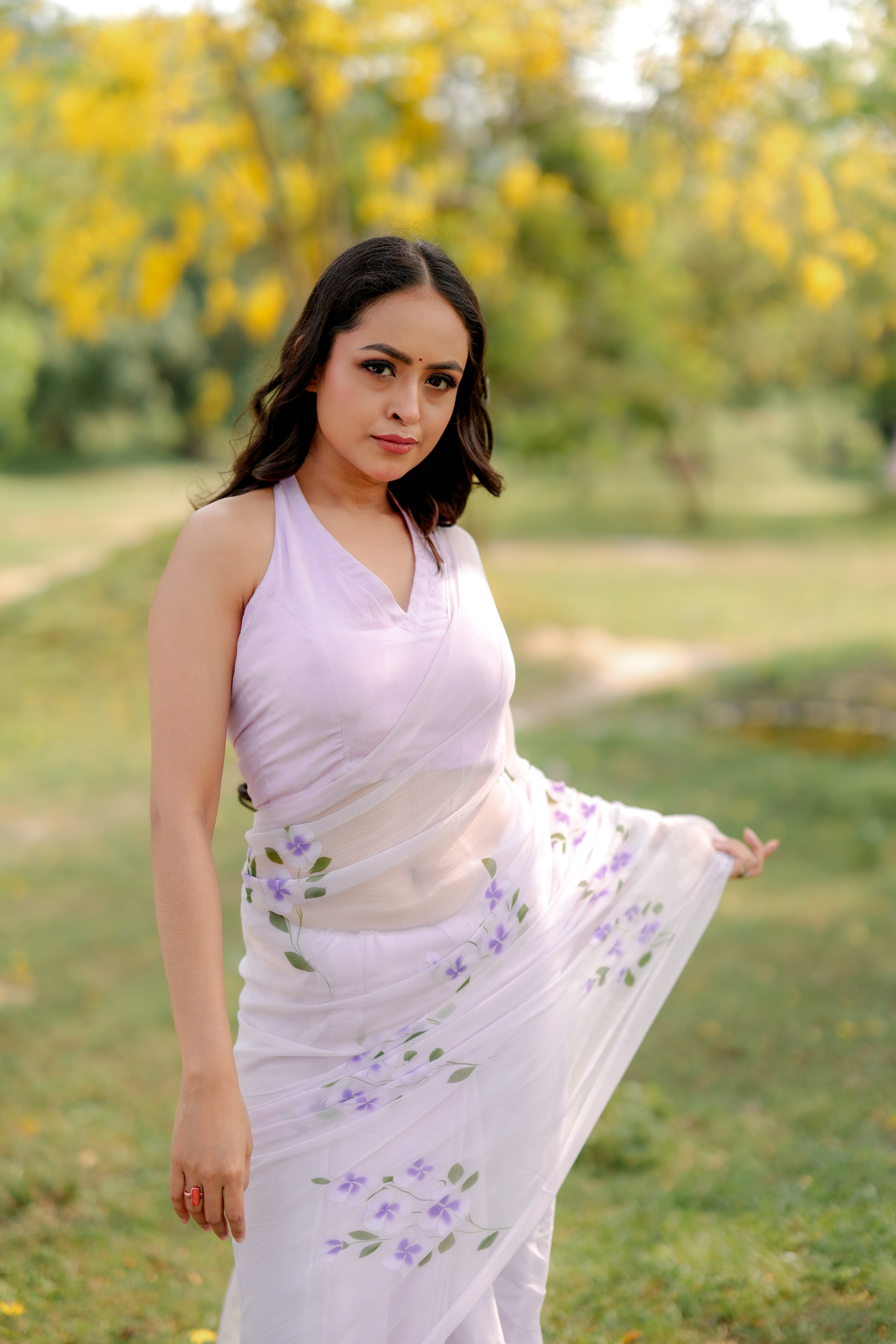 Dreamy Lilac (Handpainted Pure Chiffon Lilac Saree)