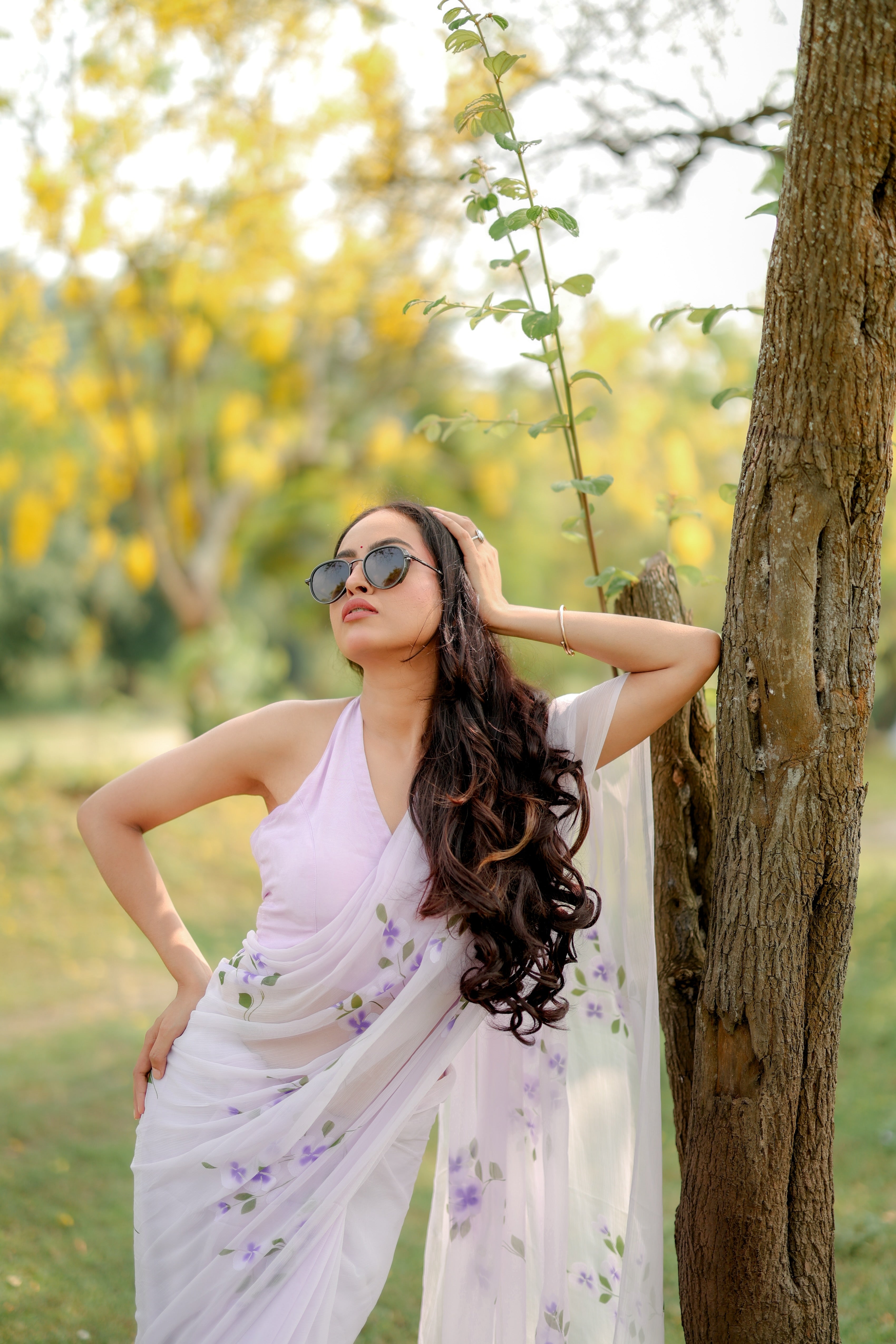Dreamy Lilac (Handpainted Pure Chiffon Lilac Saree)