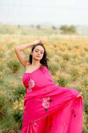 Fuchsia Grace (Handpainted Pure Crepe rani pink Saree)