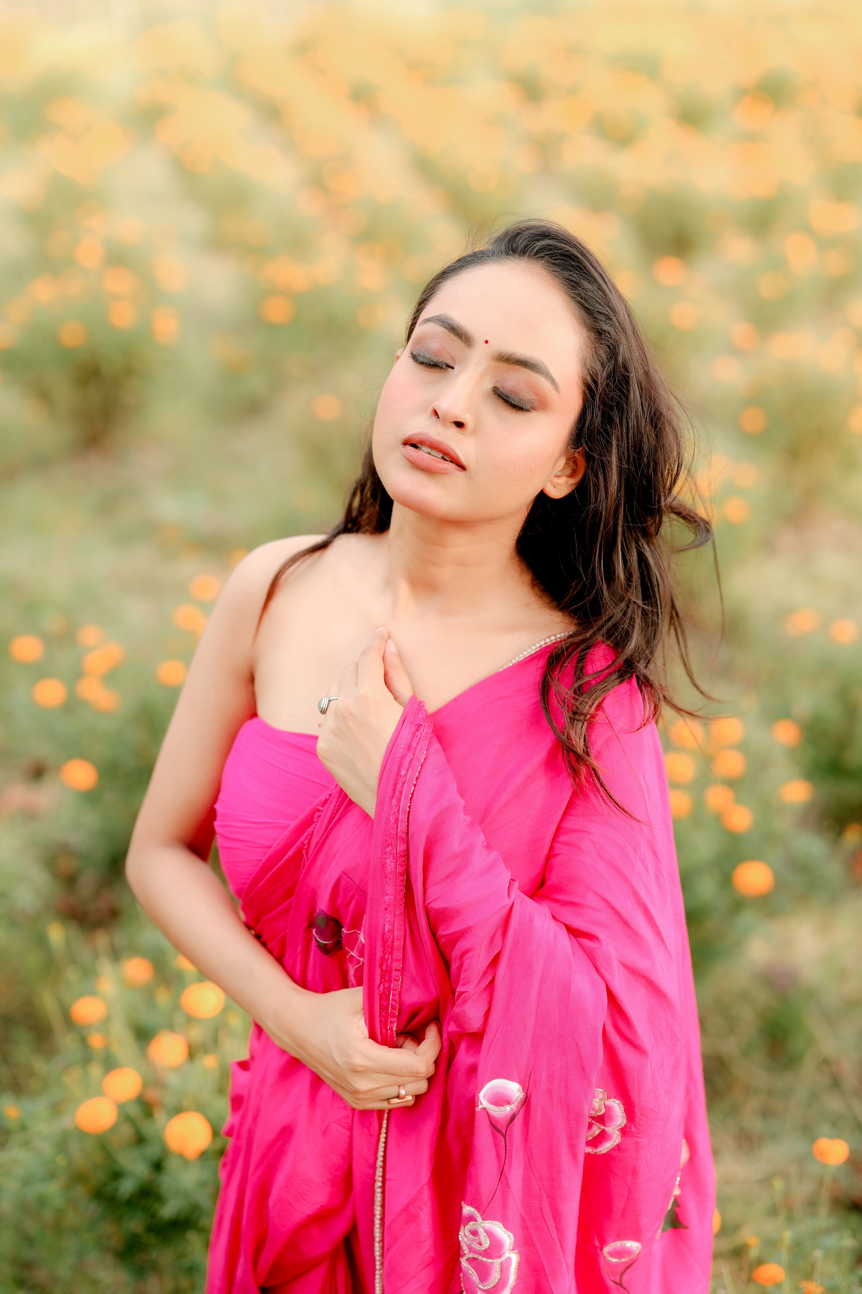 Fuchsia Grace (Handpainted Pure Crepe rani pink Saree)