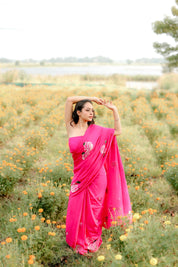 Fuchsia Grace (Handpainted Pure Crepe rani pink Saree)