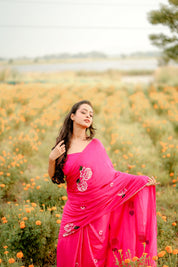 Fuchsia Grace (Handpainted Pure Crepe rani pink Saree)