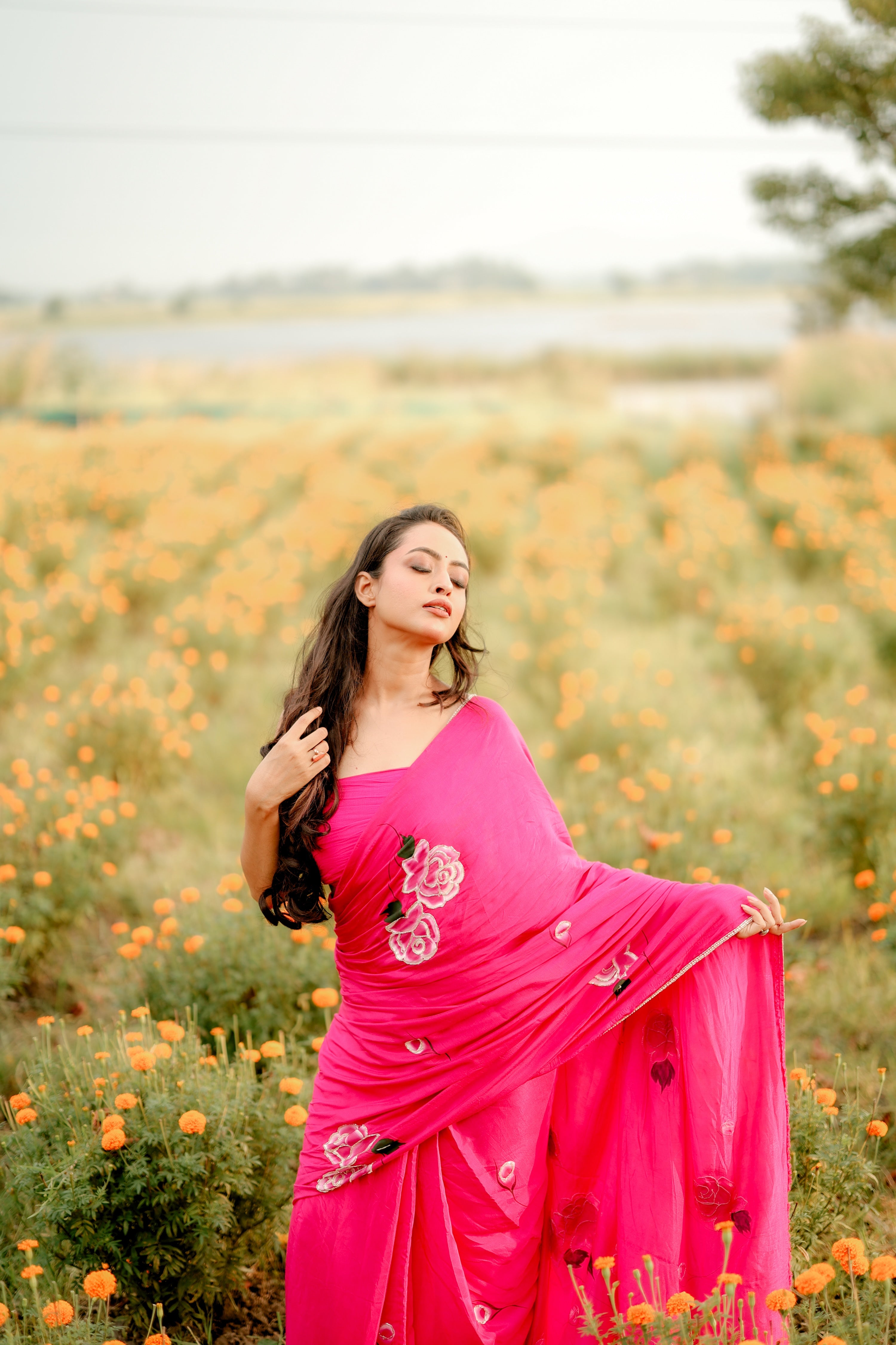 Fuchsia Grace (Handpainted Pure Crepe rani pink Saree)