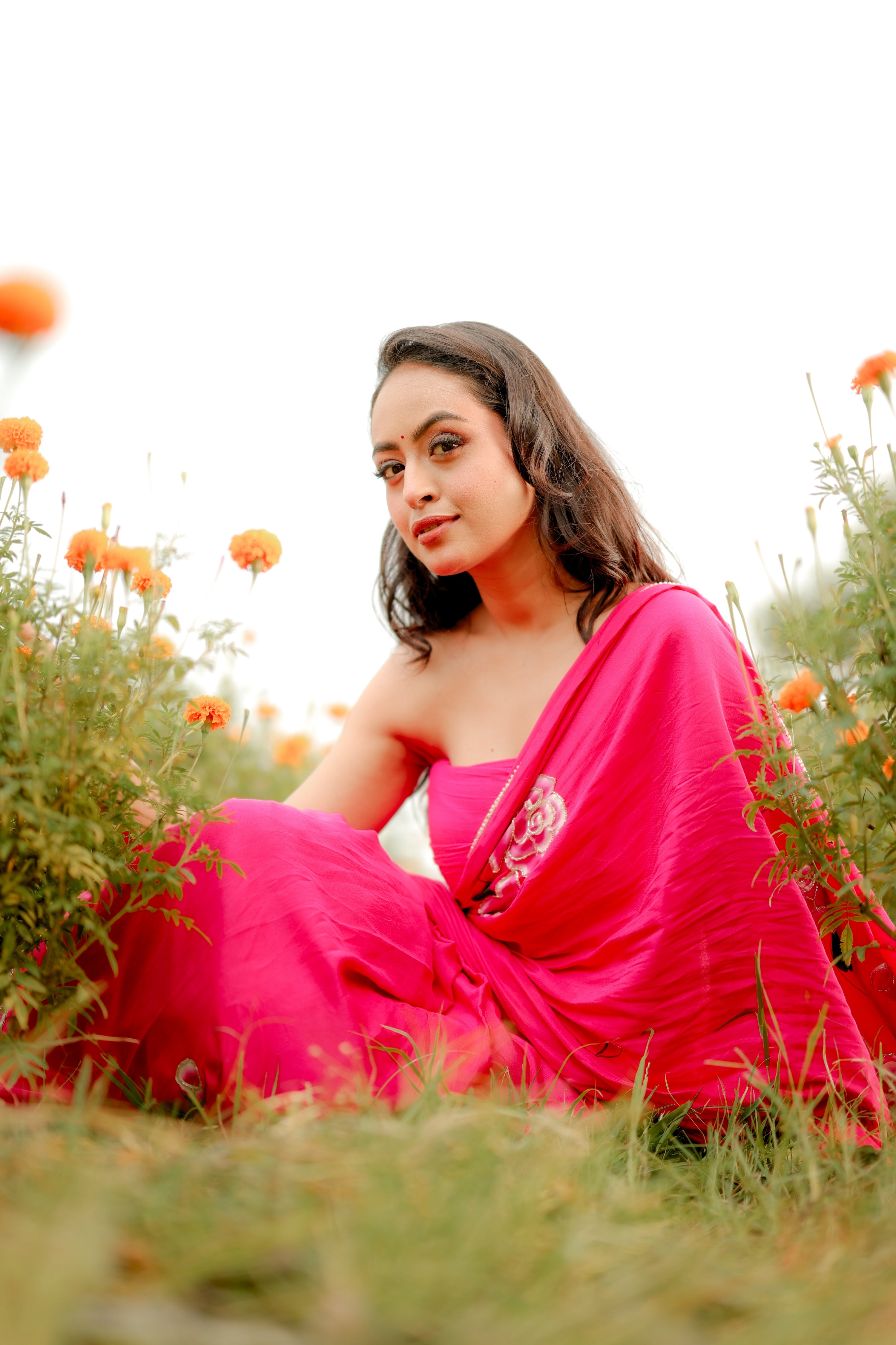 Fuchsia Grace (Handpainted Pure Crepe rani pink Saree)