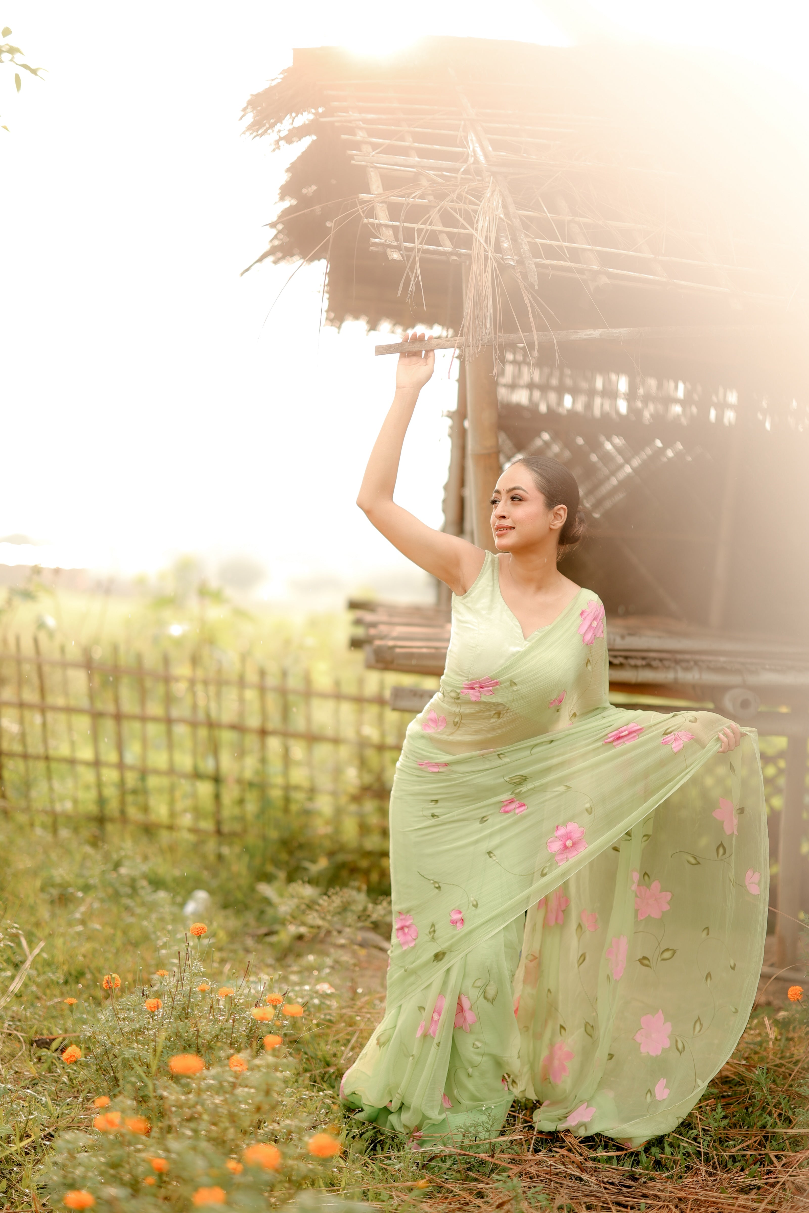 Mint Blossom (Handpainted Pure Chiffon Green Saree)
