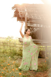 Mint Blossom (Handpainted Pure Chiffon Green Saree)