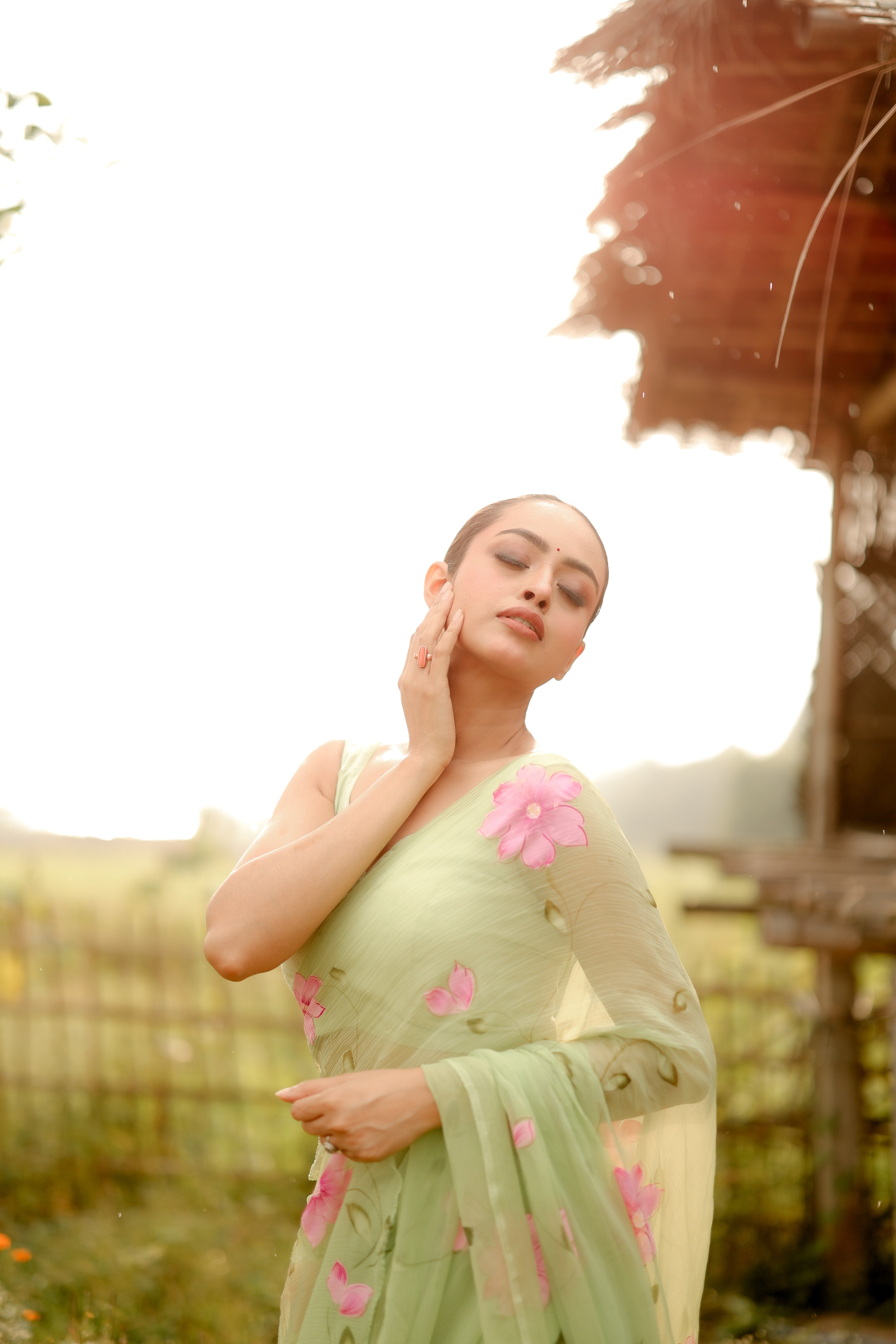 Mint Blossom (Handpainted Pure Chiffon Green Saree)