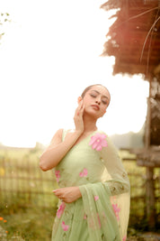 Mint Blossom (Handpainted Pure Chiffon Green Saree)