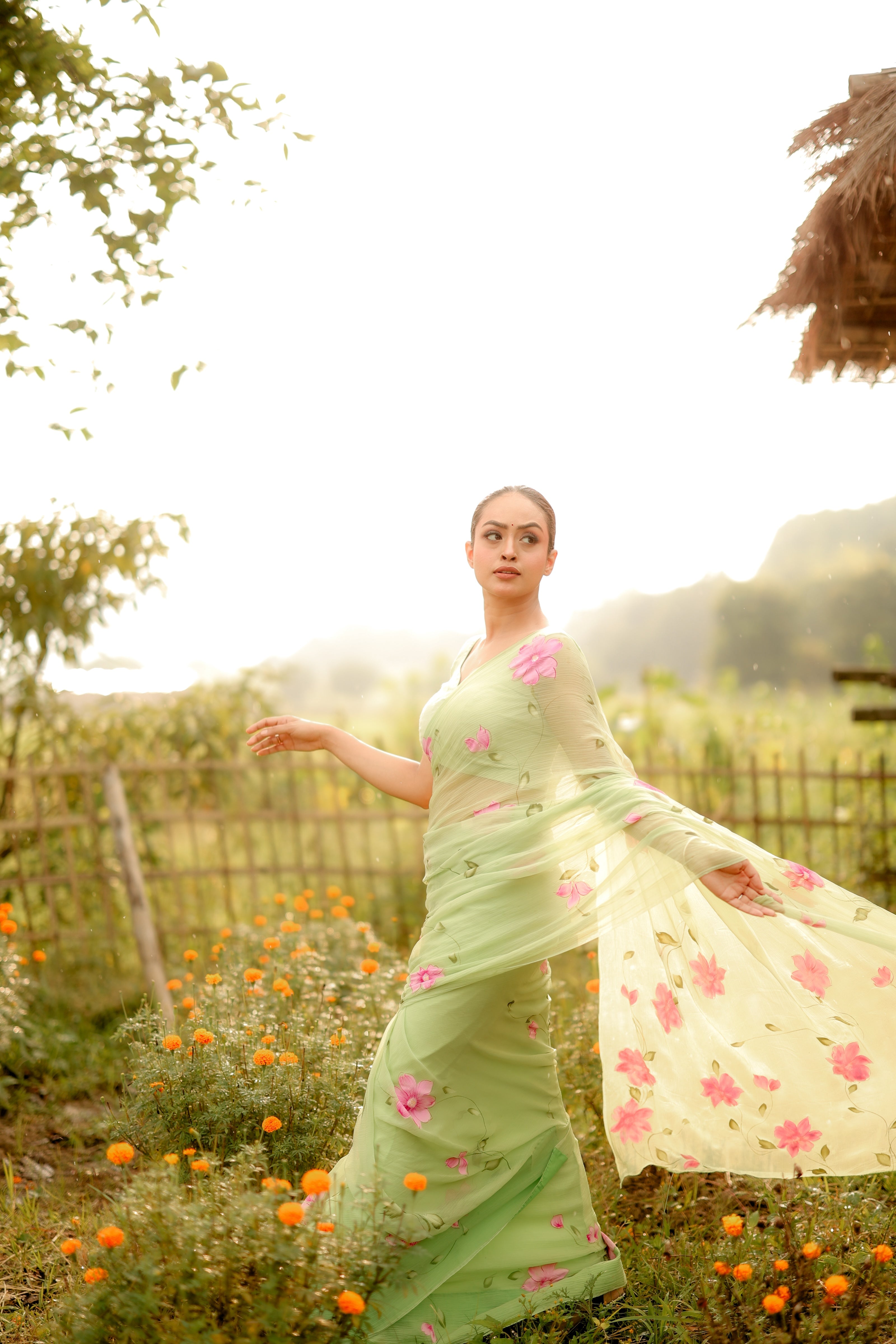 Mint Blossom (Handpainted Pure Chiffon Green Saree)