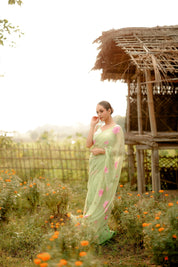 Mint Blossom (Handpainted Pure Chiffon Green Saree)
