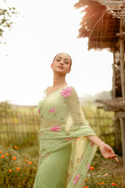 Mint Blossom (Handpainted Pure Chiffon Green Saree)