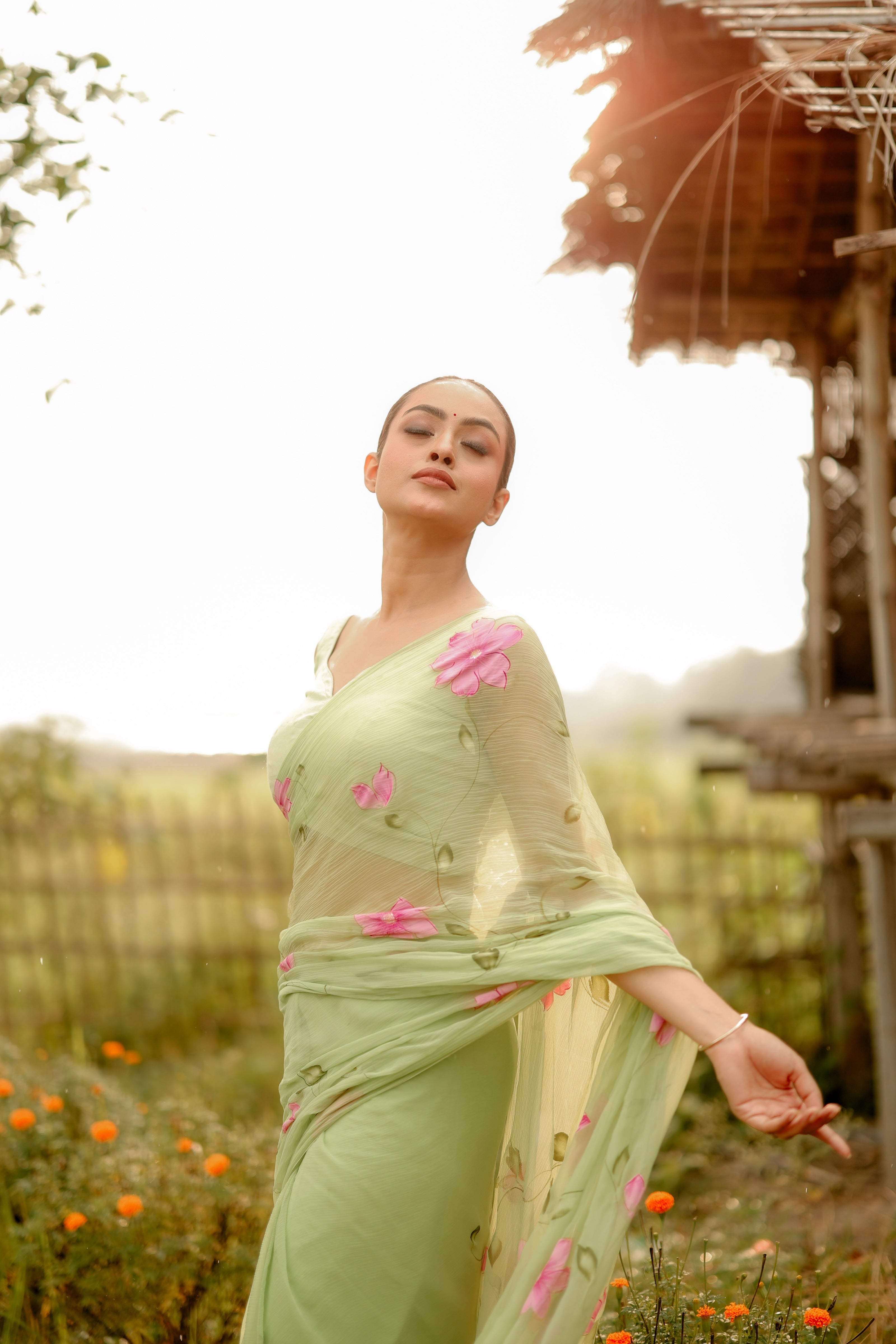 Mint Blossom (Handpainted Pure Chiffon Green Saree)