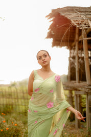 Mint Blossom (Handpainted Pure Chiffon Green Saree)