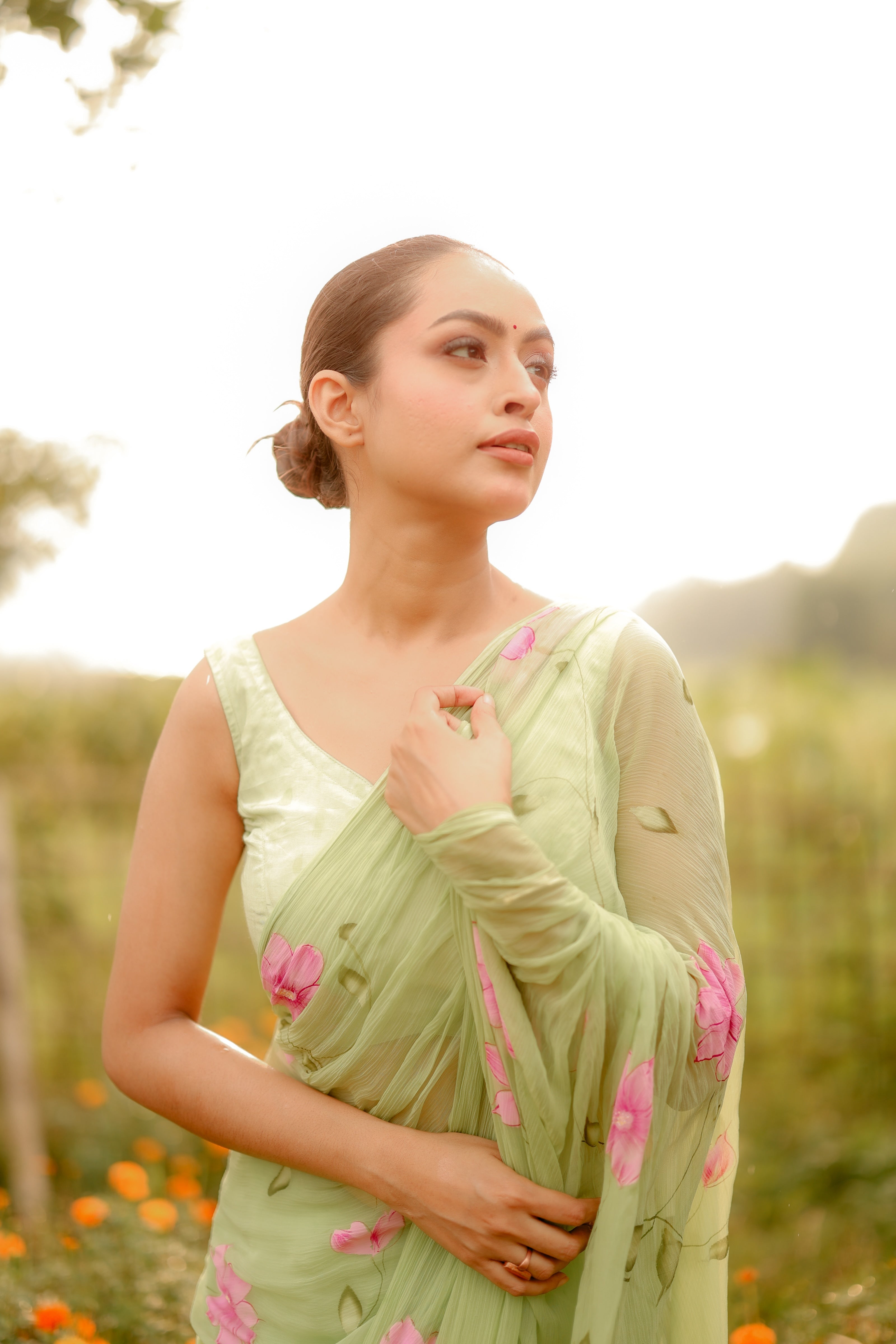 Mint Blossom (Handpainted Pure Chiffon Green Saree)