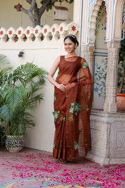 Earthen Elegance (Handpainted Brown Organza saree)