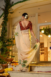 Handpainted and Hand Embroidered Organza Saree - Light Brown