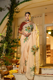 Handpainted and Hand Embroidered Organza Saree - Light Brown