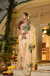 Handpainted and Hand Embroidered Organza Saree - Light Brown