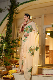 Handpainted and Hand Embroidered Organza Saree - Light Brown