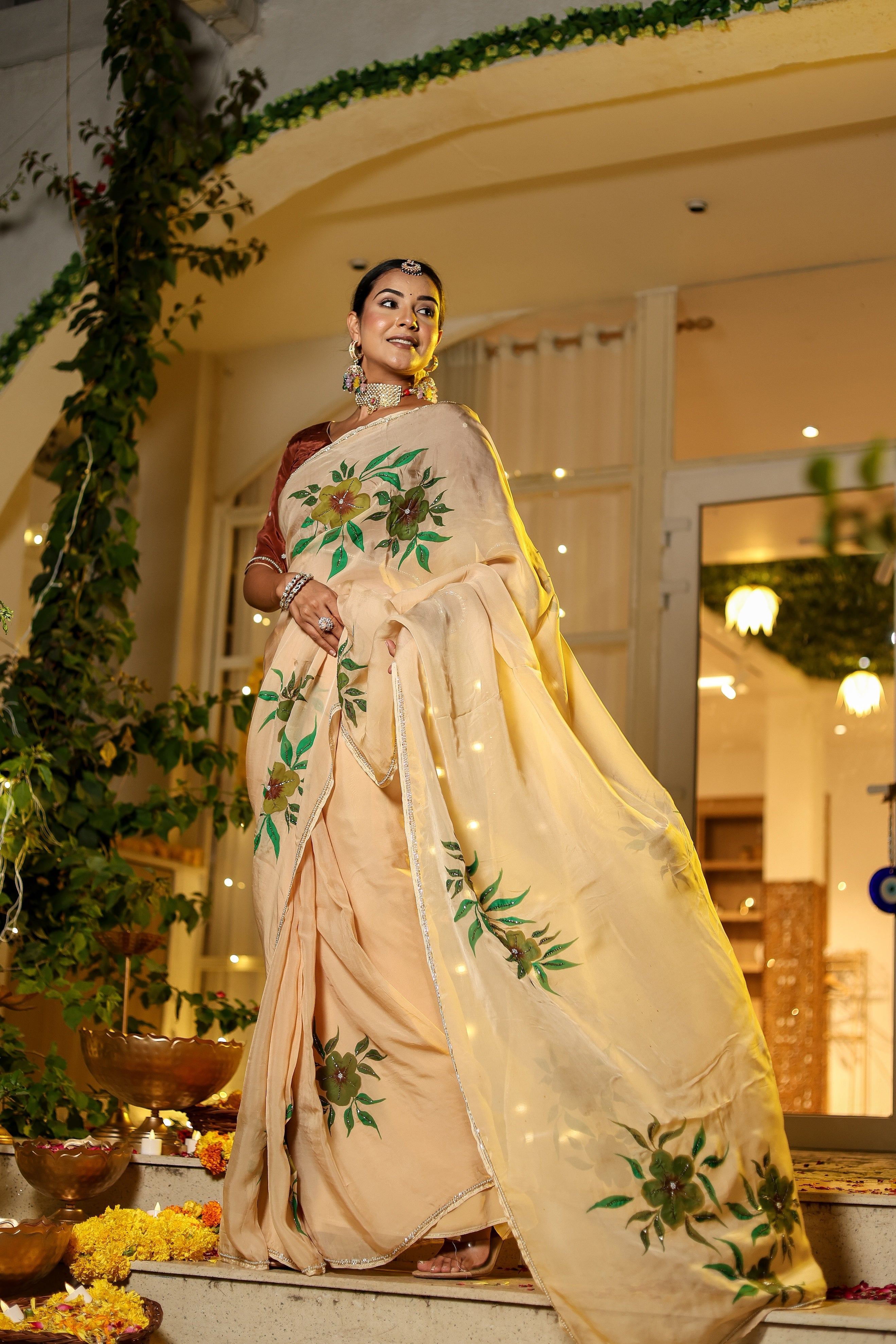 Handpainted and Hand Embroidered Organza Saree - Light Brown